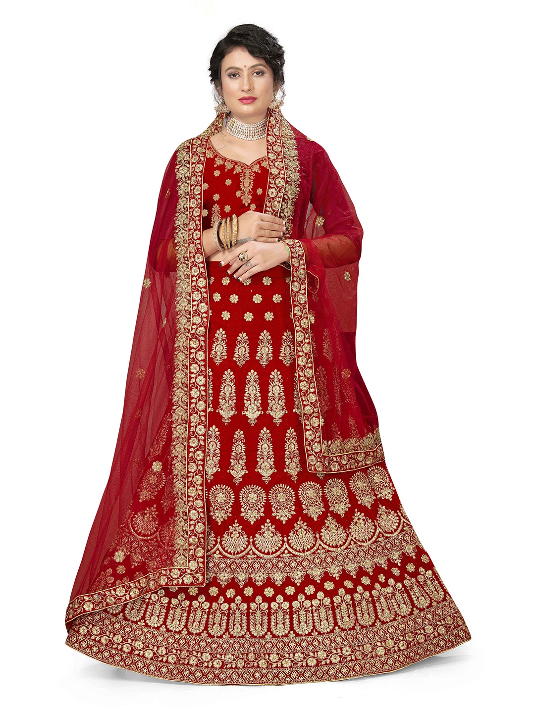 

Maroosh Embellished Thread Work Unstitched Lehenga & Blouse With Dupatta, Red
