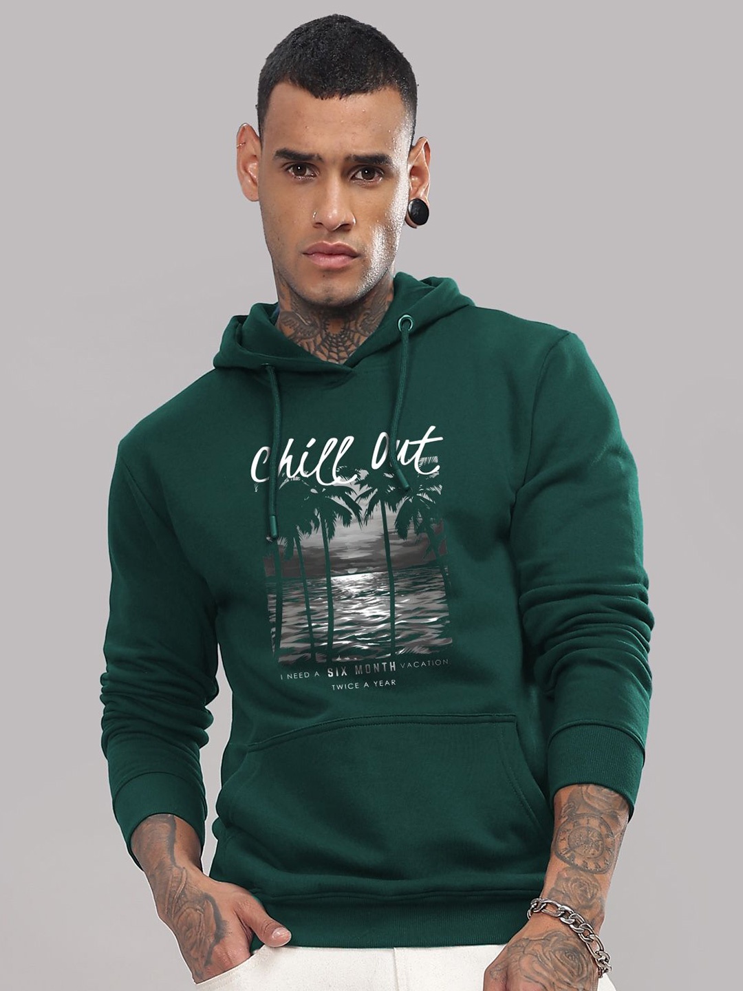 

ADRO Men Printed Hooded Pullover Sweatshirt, Green