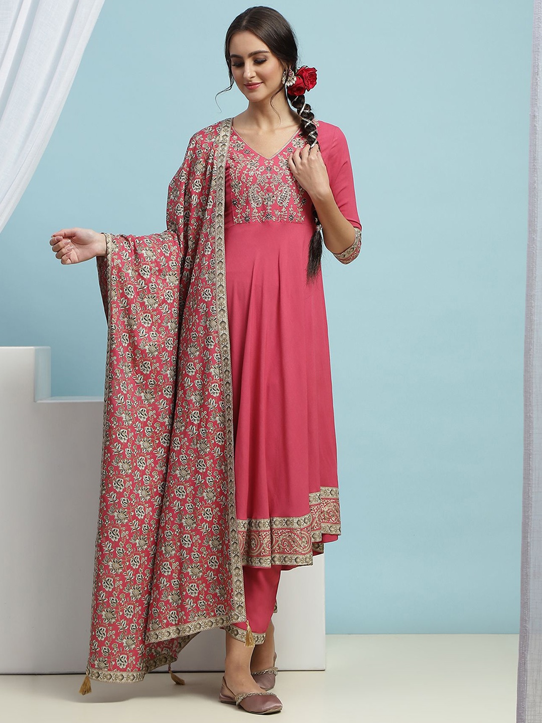 

Khushal K Ethnic Motifs Embroidered Pleated Sequinned Kurta with Palazzos & Dupatta, Pink