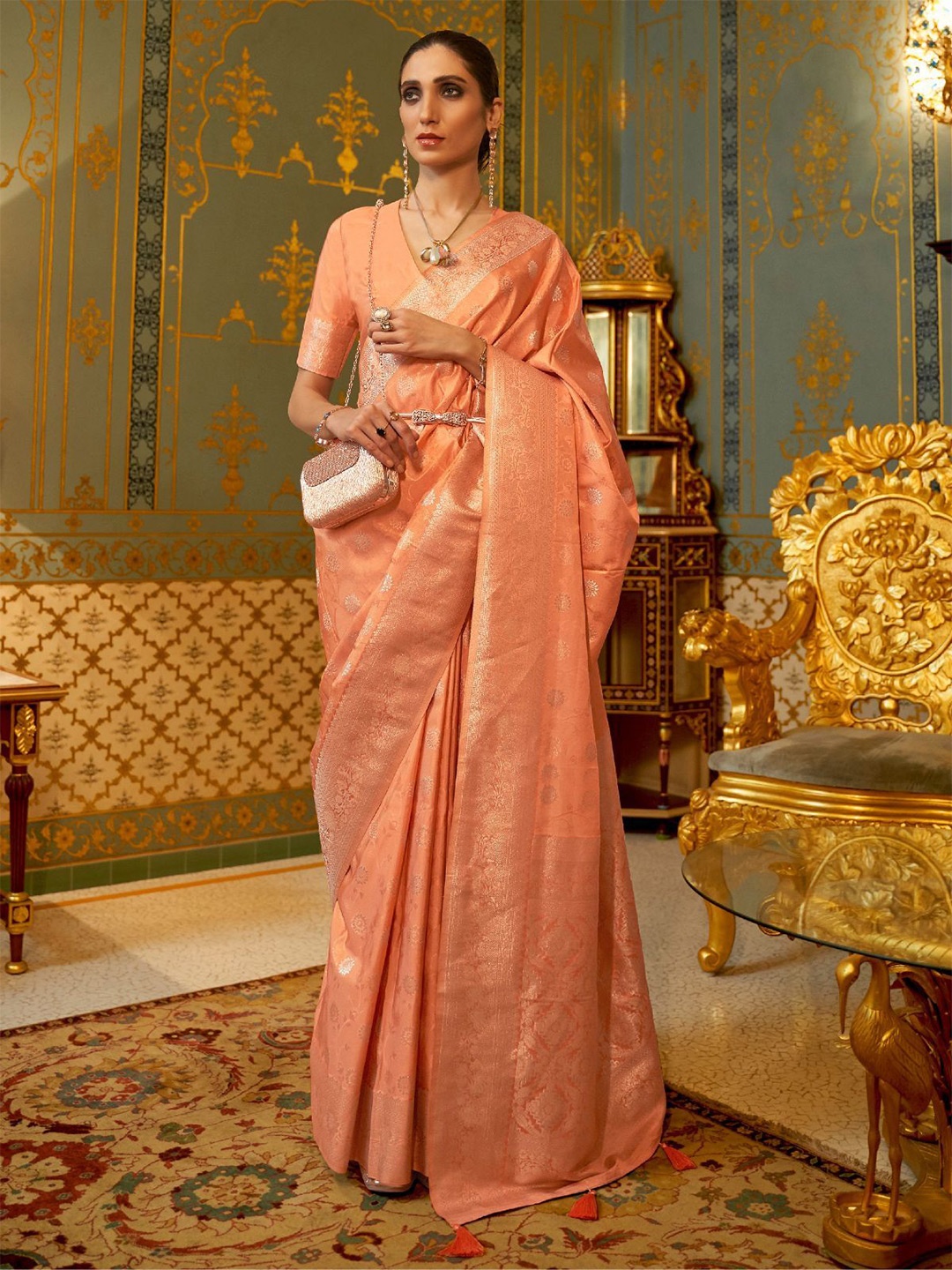 

ODETTE Woven Design Zari Saree, Peach