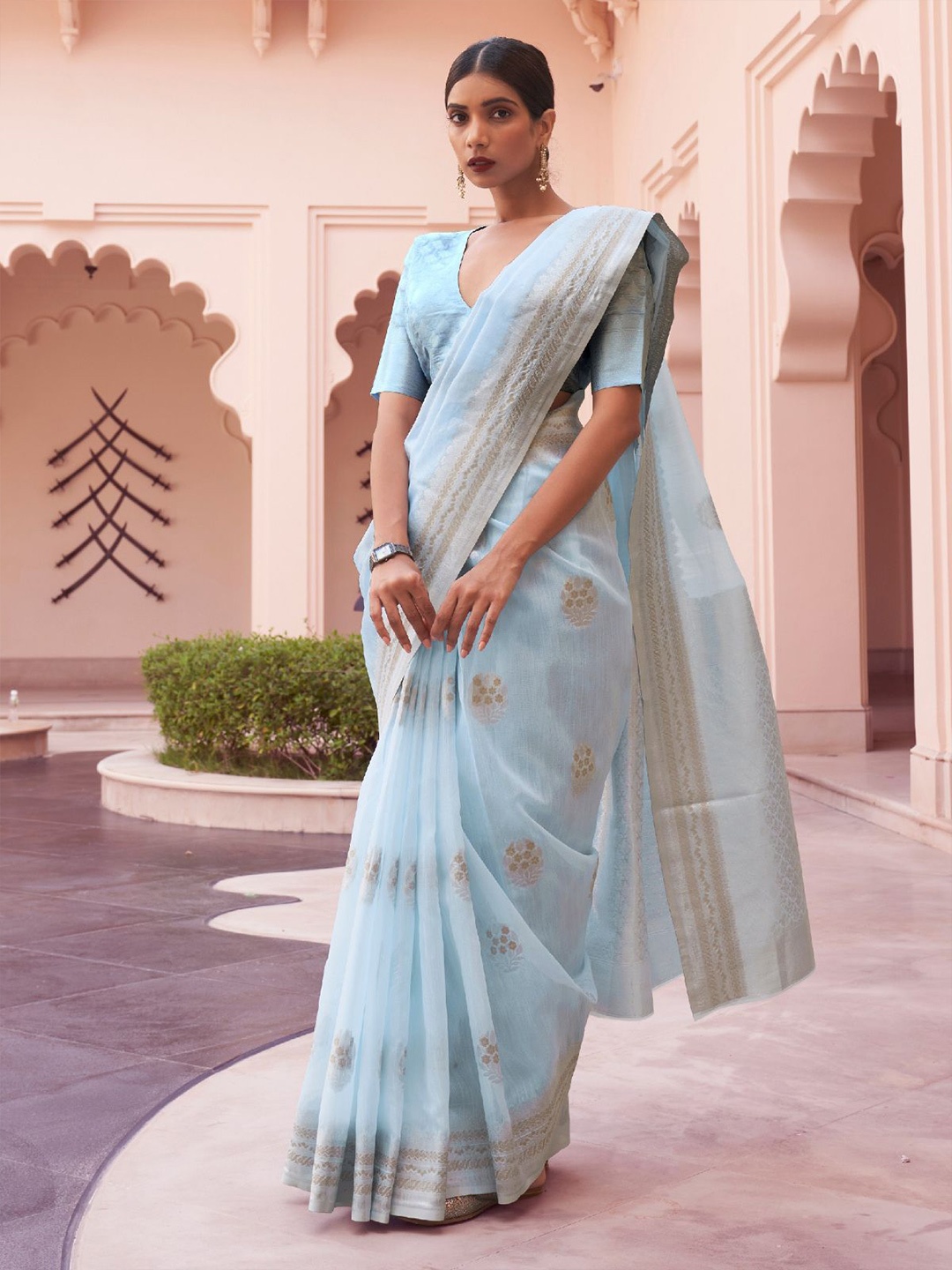 

ODETTE Woven Design Zari Saree, Blue