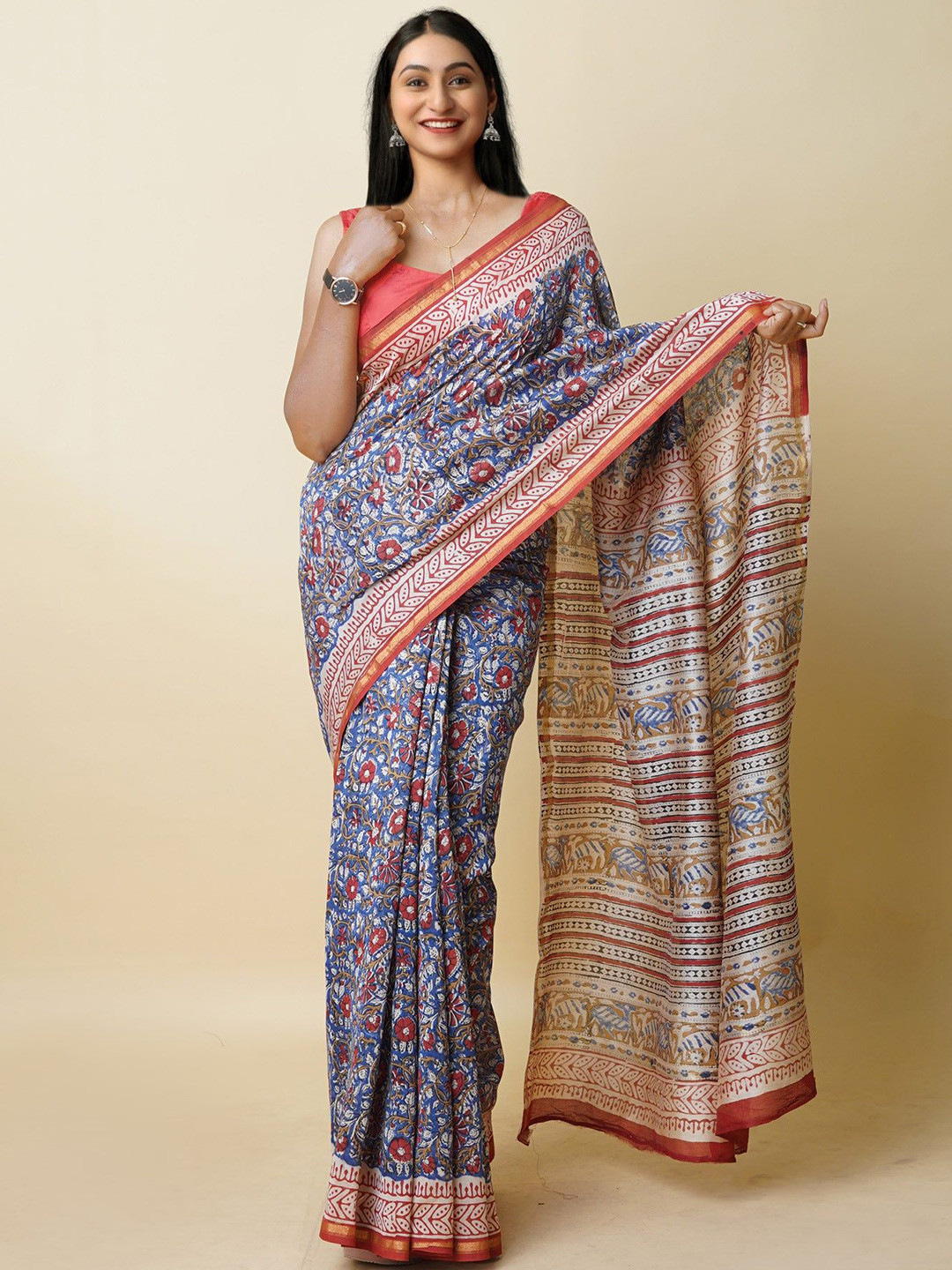 

Unnati Silks Ethnic Motifs Zari Handloom Chanderi Saree, Blue