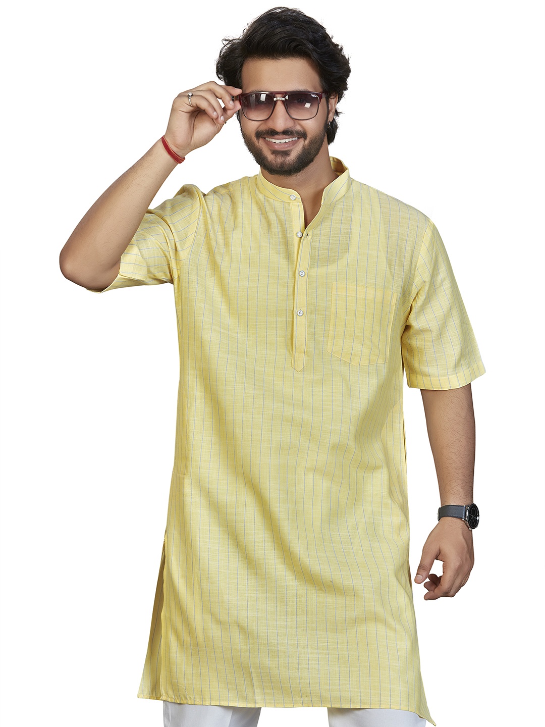 

Authentics Striped Band Collar Cotton Straight Kurta, Yellow