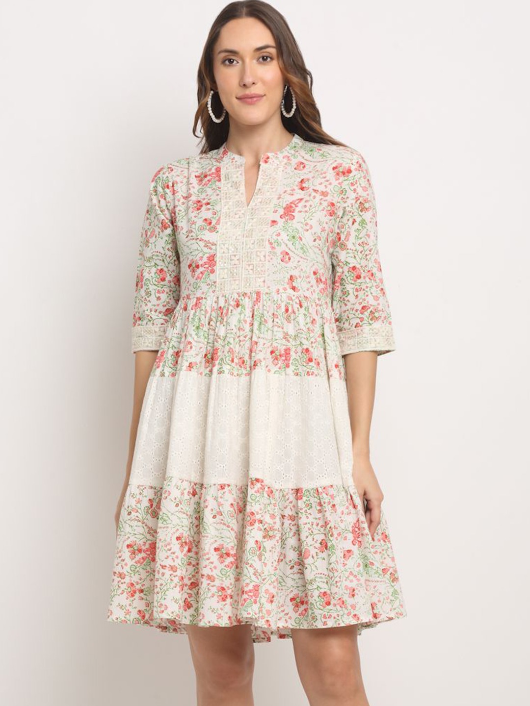

KALINI Women Floral Printed Cotton Fit & Flare Dress, Off white