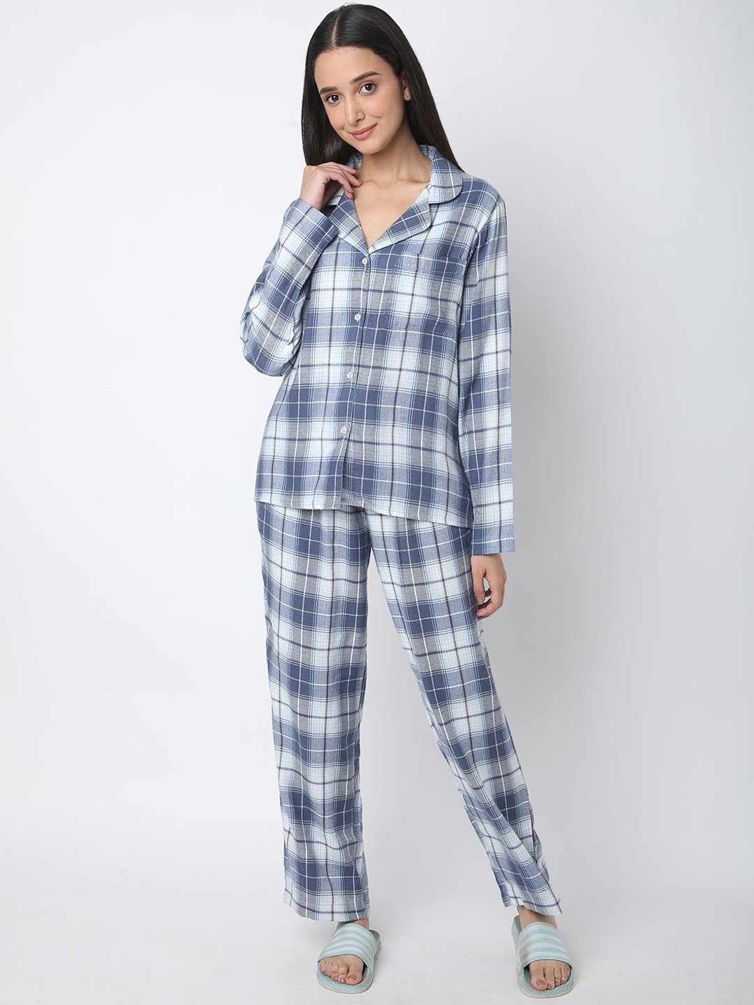 

R&B Women Checked Long Sleeves Night suit, Blue