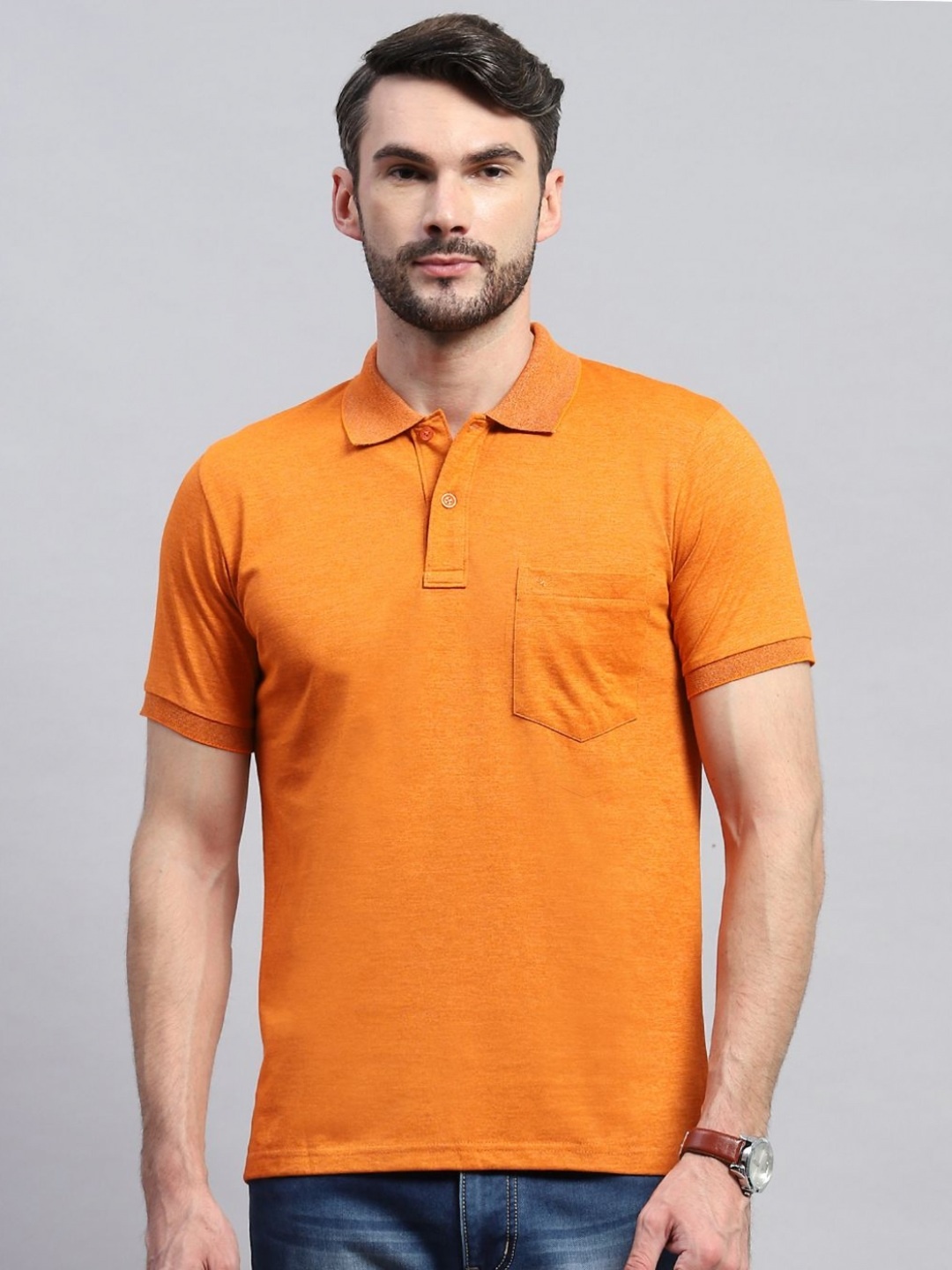 

Monte Carlo Men Solid Polo Collar Cotton T-shirt, Orange