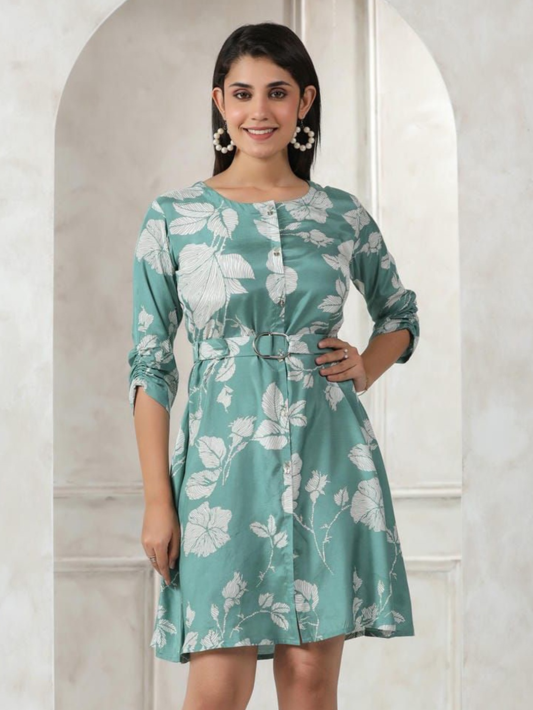 

Kaftanize Floral Print Fit & Flare Dress, Green
