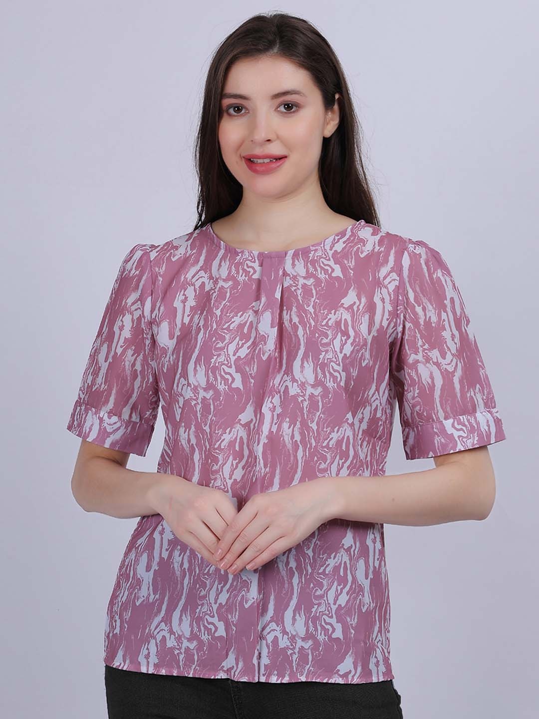

Aumbe Women Abstract Printed Round Neck Top, Pink