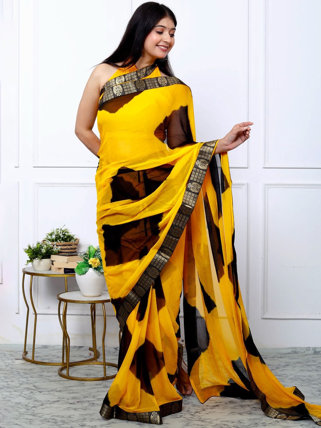 

VL SAREES Tie and Dye Pure Chiffon Leheriya Saree, Black