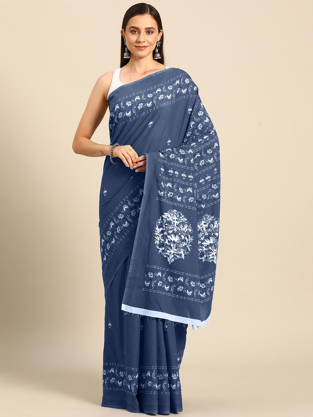 

BUTA BUTI Floral Pure Cotton Saree, Blue