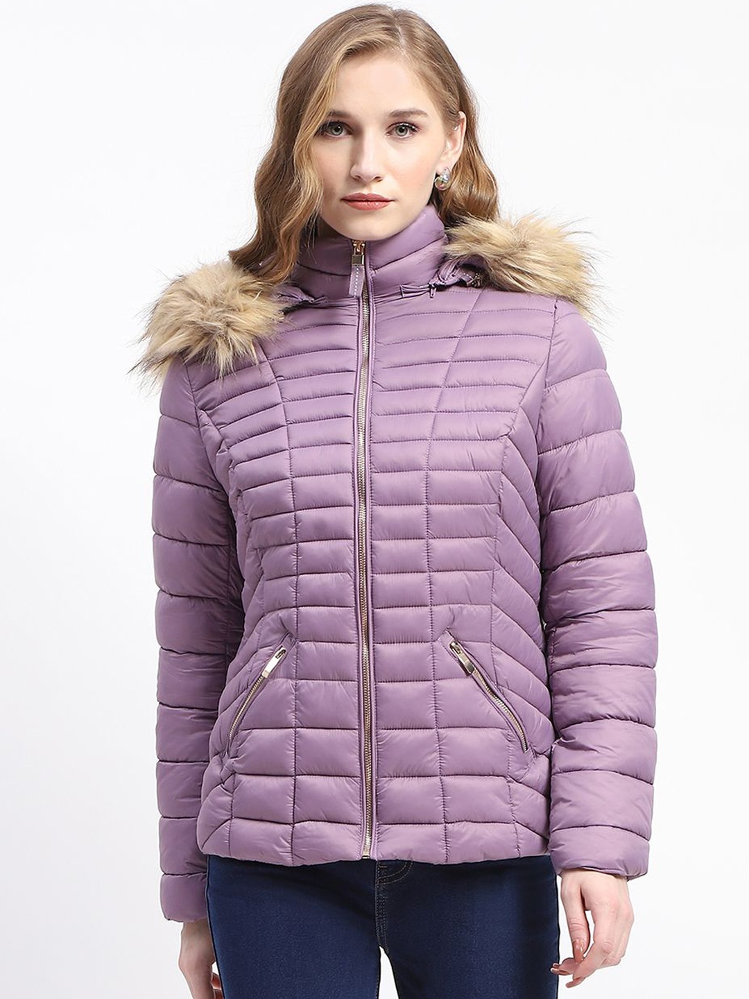 

Madame Women Checked Polyester Longline Parka Jacket, Mauve
