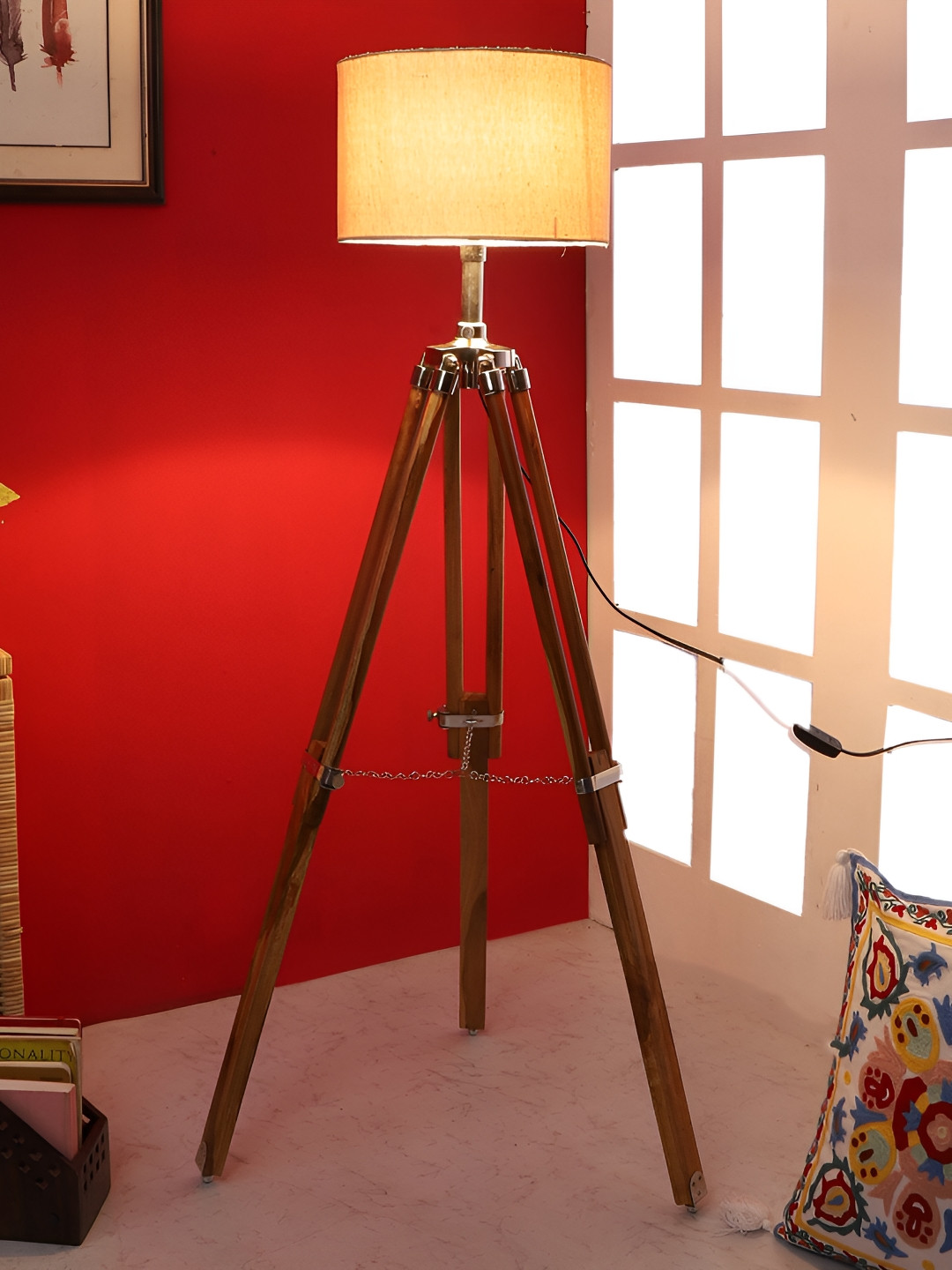 

pristine interiors Beige & Brown Wooden Floor Lamp With Shade