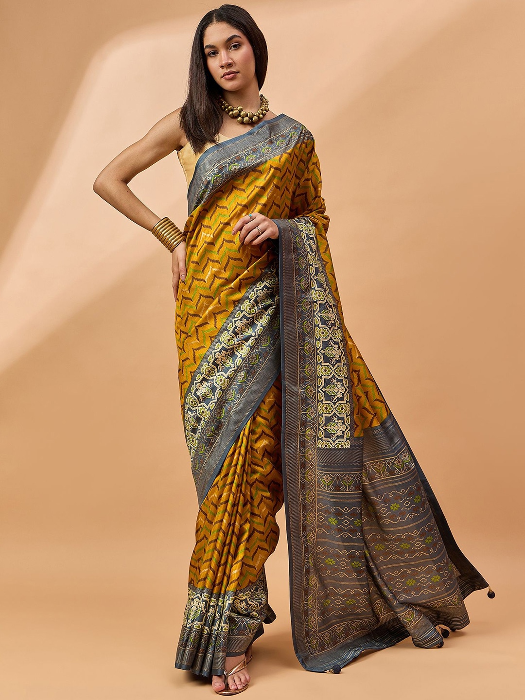 

all about you Geometric Printed Zari Patola Saree, Yellow