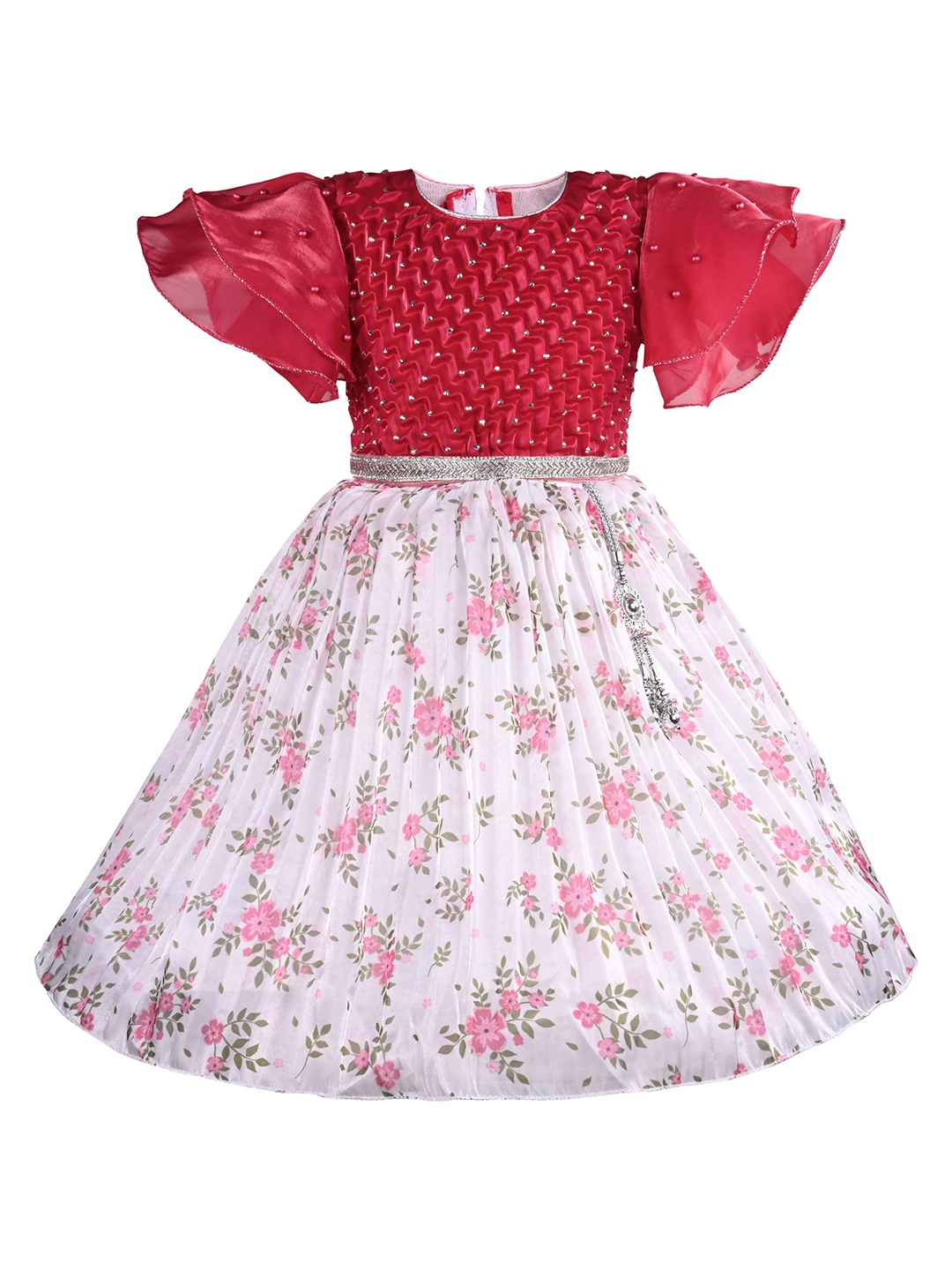 

Wish Karo Girls Floral Printed Flared Sleeve Fit & Flare Dress, Red