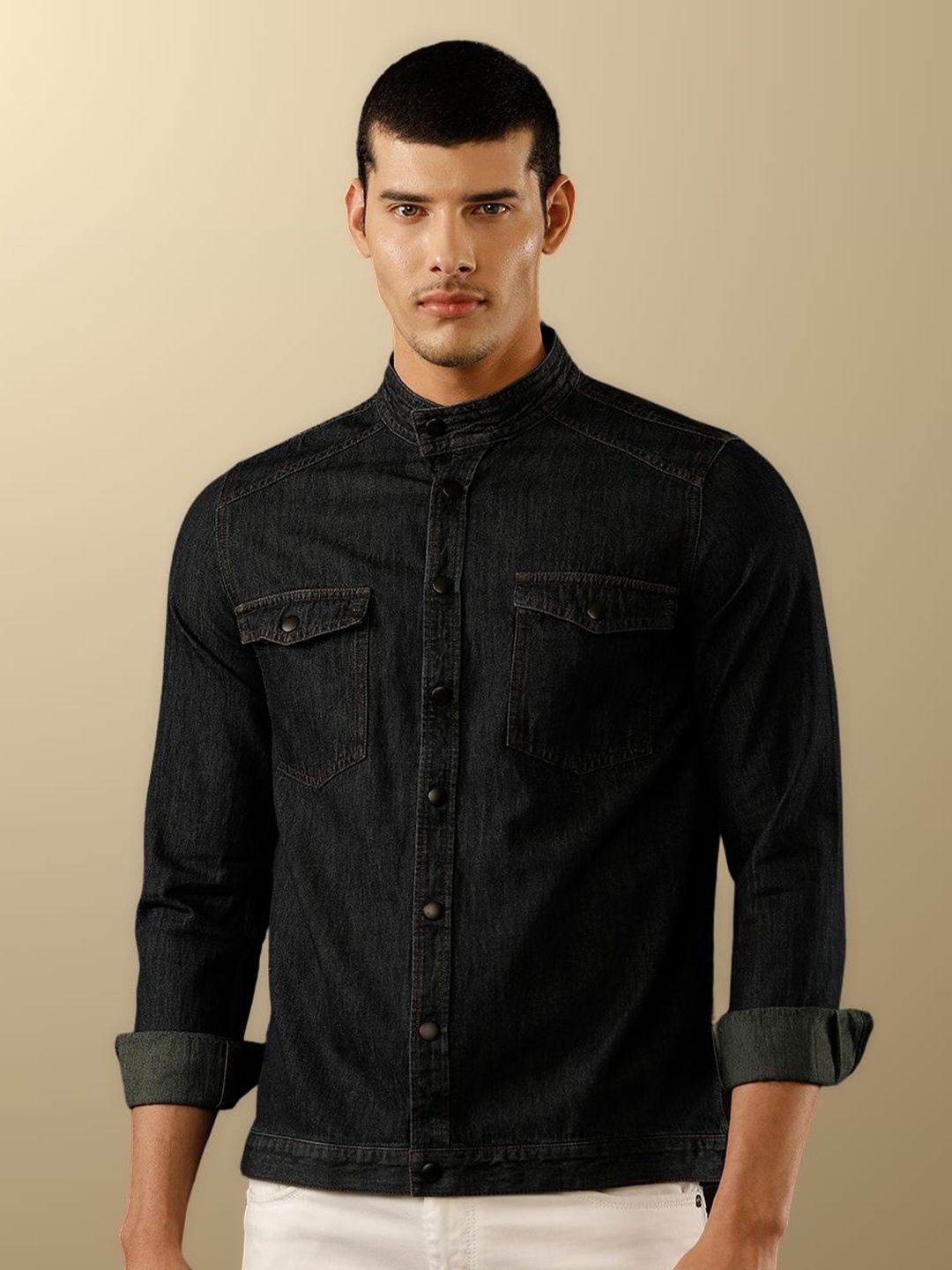 

TEMPLE OF DENIM Men India Slim Mandarin Collar Solid Denim Casual Shirt, Black