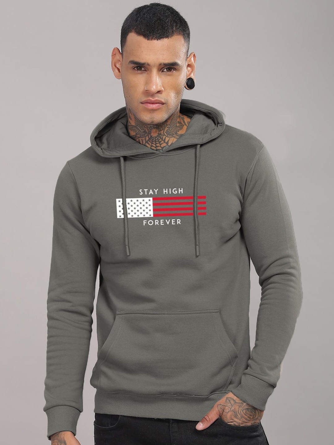 

ADRO Men Printed Hooded Pure Cotton Sweatshirt, Grey