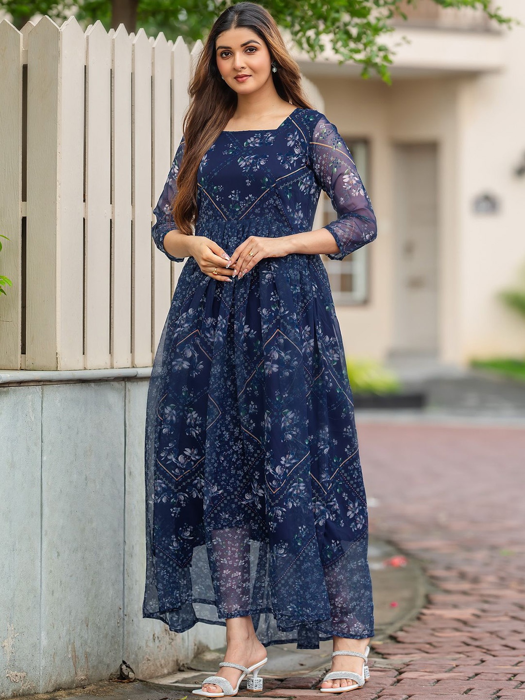 

Divyadham Textiles Floral Printed Square Neck Georgette Maxi Ethnic Dresses, Blue