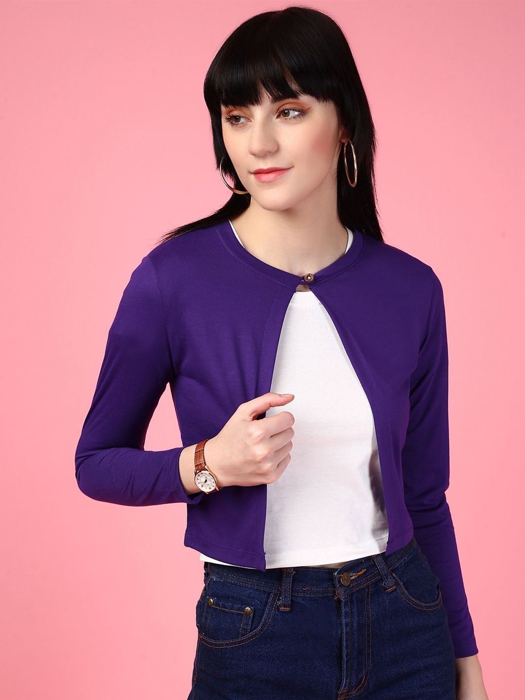 

DressBerry Purple Round Neck Open Front Crop Shrug