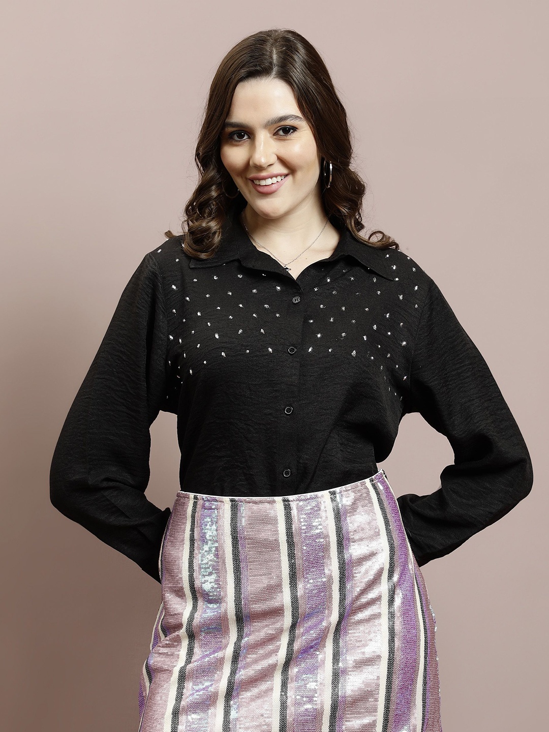 

Athena Women Embellished Shirt Collar Linen Top, Black