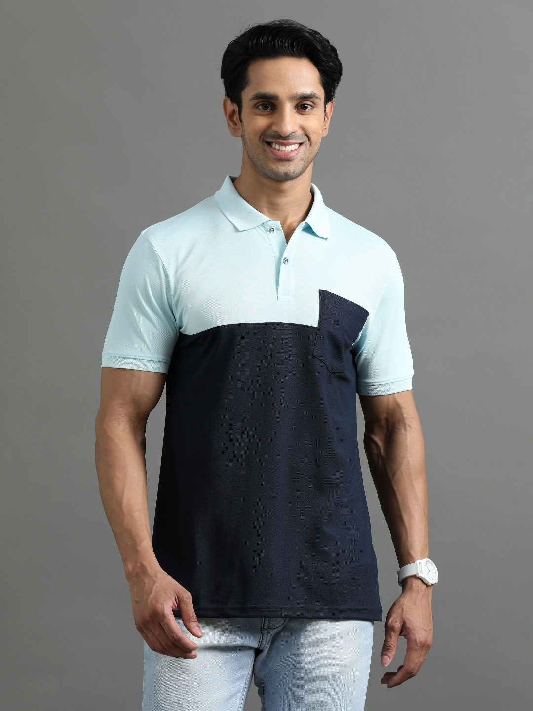 

ECOLINE Clothing Men Antimicrobial Colourblocked Polo Collar T-shirt, Navy blue