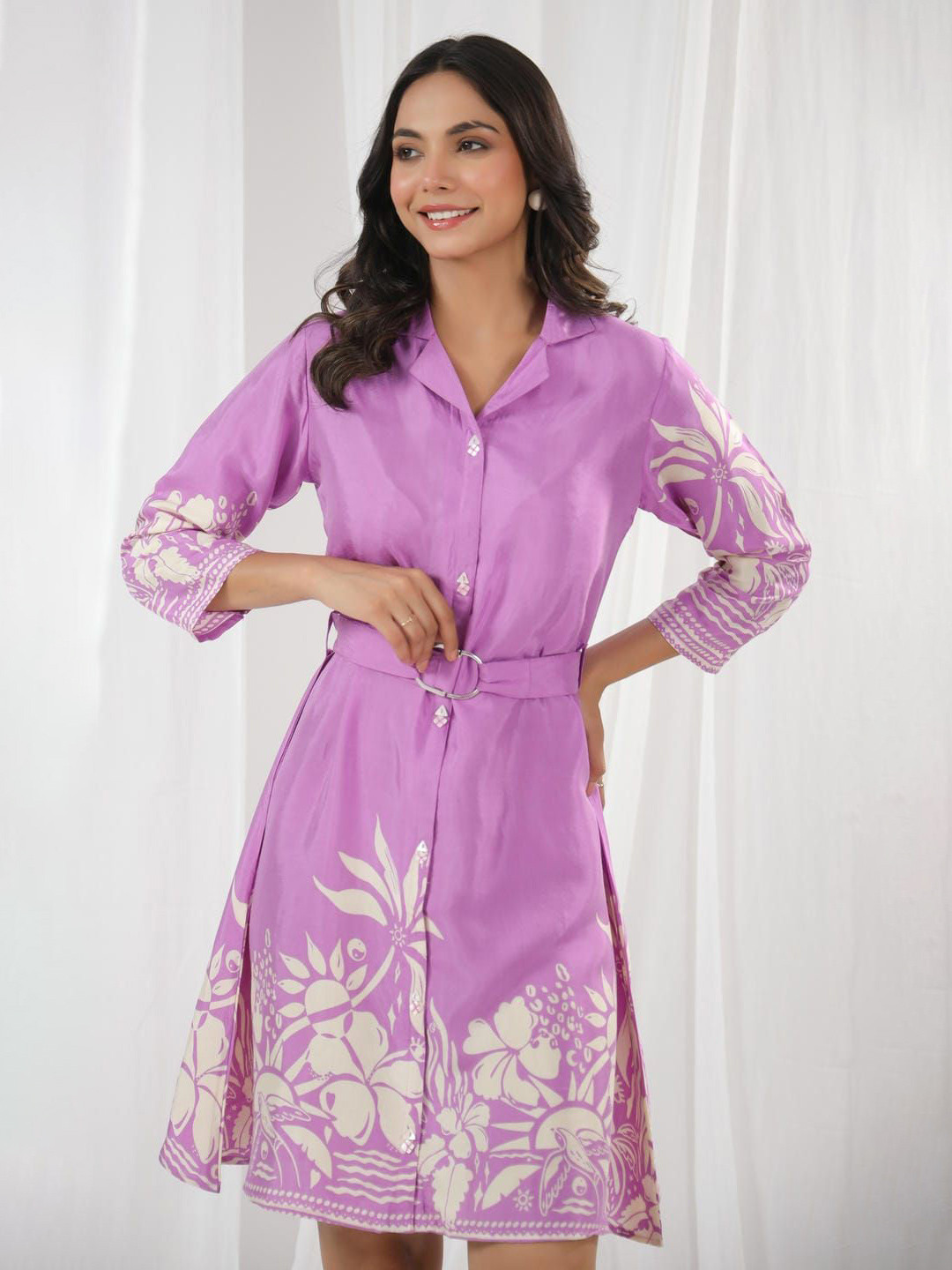 

Kaftanize Women Shirt Collar Floral Shirt Dress, Purple