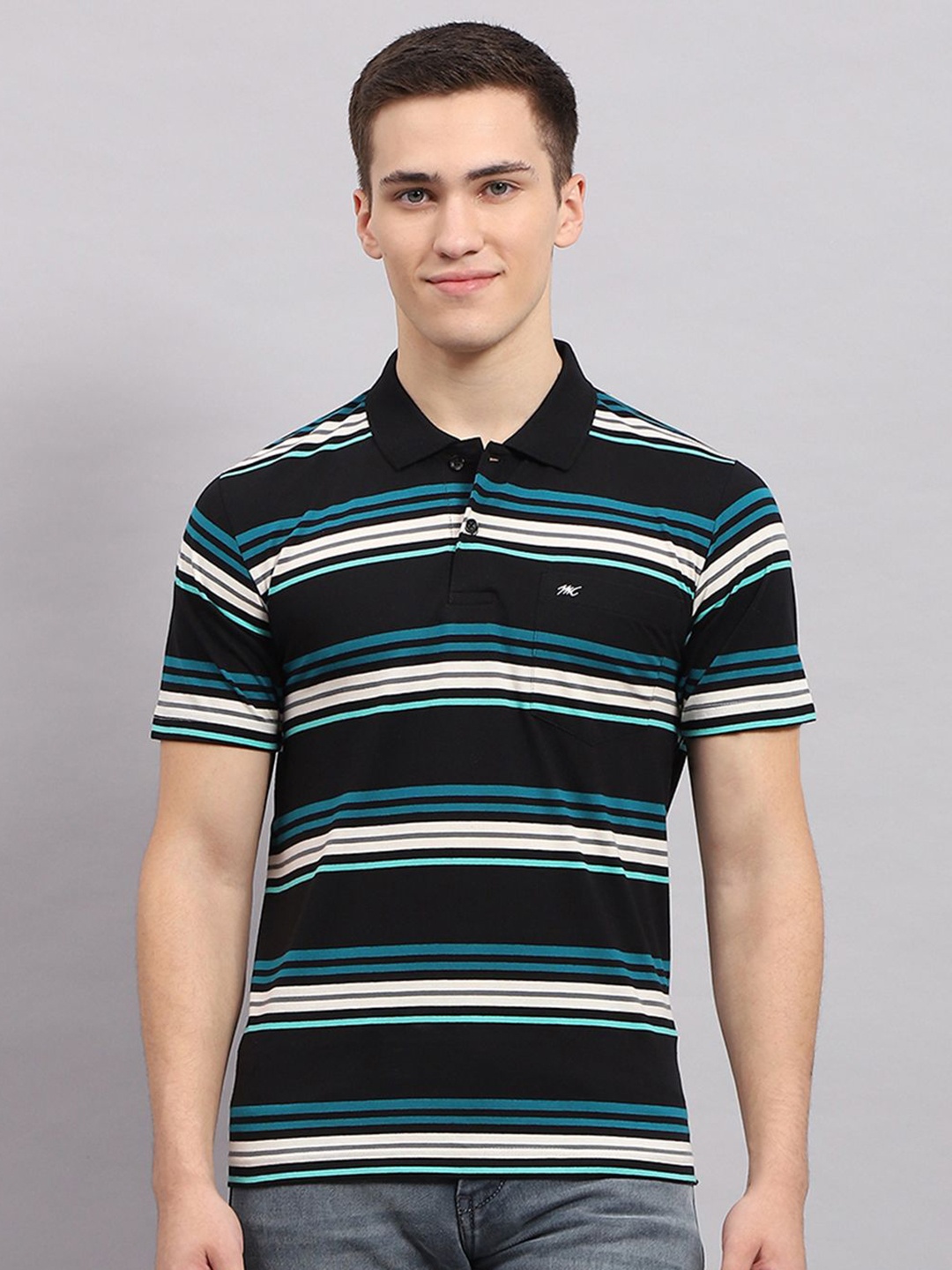 

Monte Carlo Men Striped Polo Collar Cotton T-shirt, Black