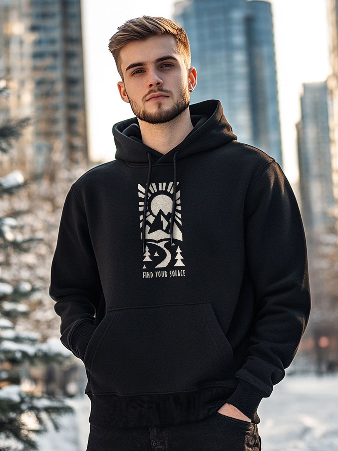 

NOBERO Men Printed Hooded Sweatshirt, Black