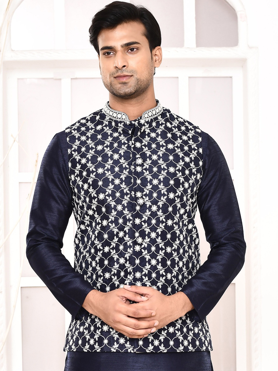 

MAAHI FABS Mandarin Collar Thread Work Straight Kurta with Churidar With Nehru Jacket, Blue