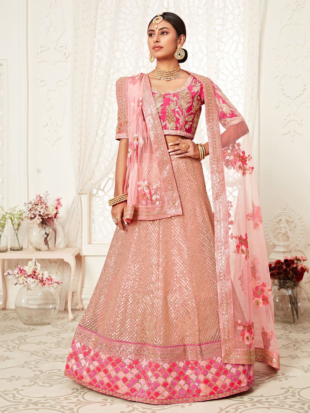 

ODETTE Embroidered Sequinned Semi-Stitched Lehenga & Blouse With Dupatta, Pink
