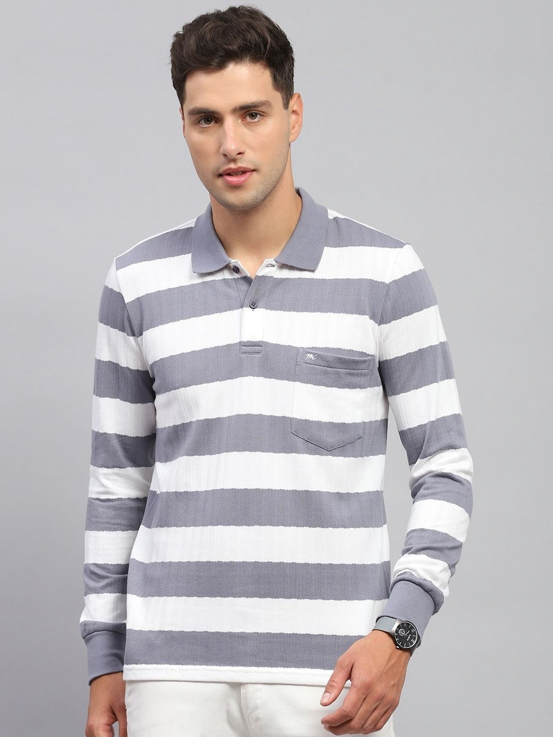 

Monte Carlo Men Striped Polo Collar Cotton T-shirt, Grey