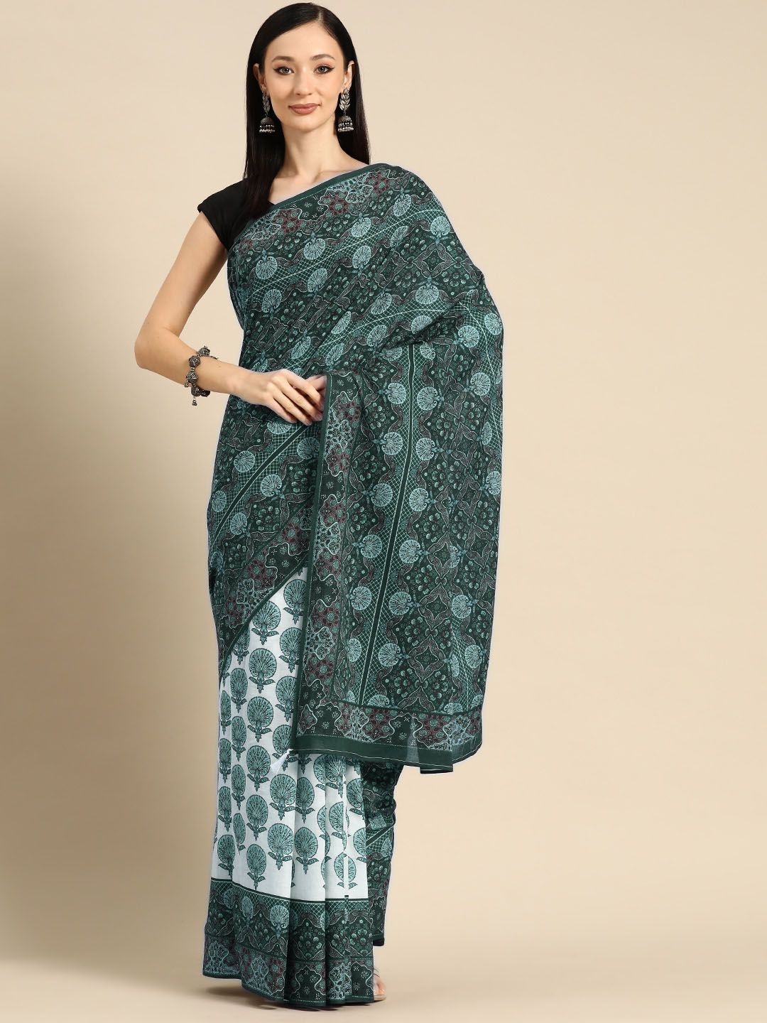 

BUTA BUTI Floral Printed Pure Cotton Saree, Green