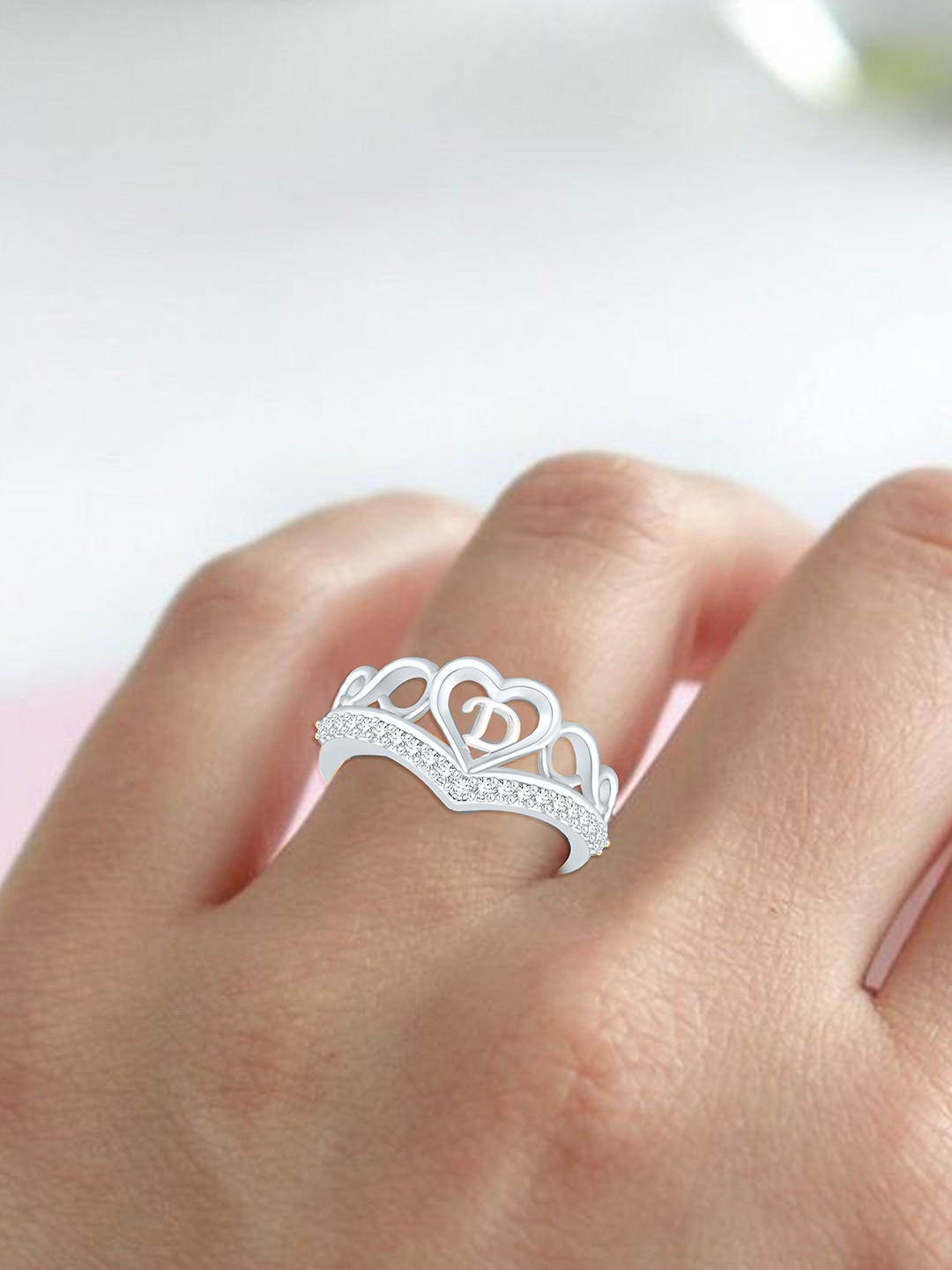 

Heer Collection Silver-Plated American Diamond Studded Alphabet Adjustable Finger Ring