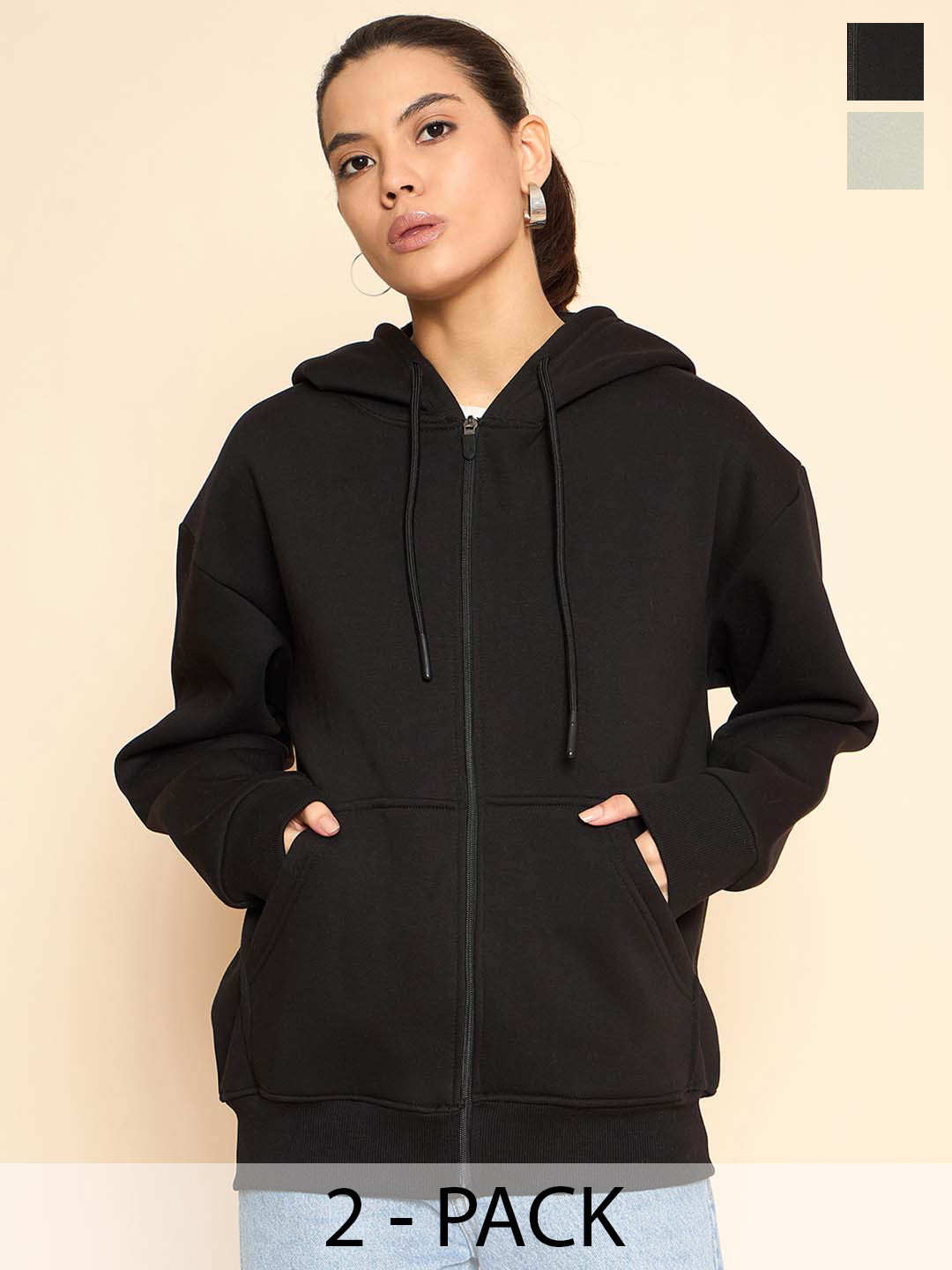 

COLOR CAPITAL Pack Of 2 Women Solid Front-Open Cotton Sweatshirts, Black