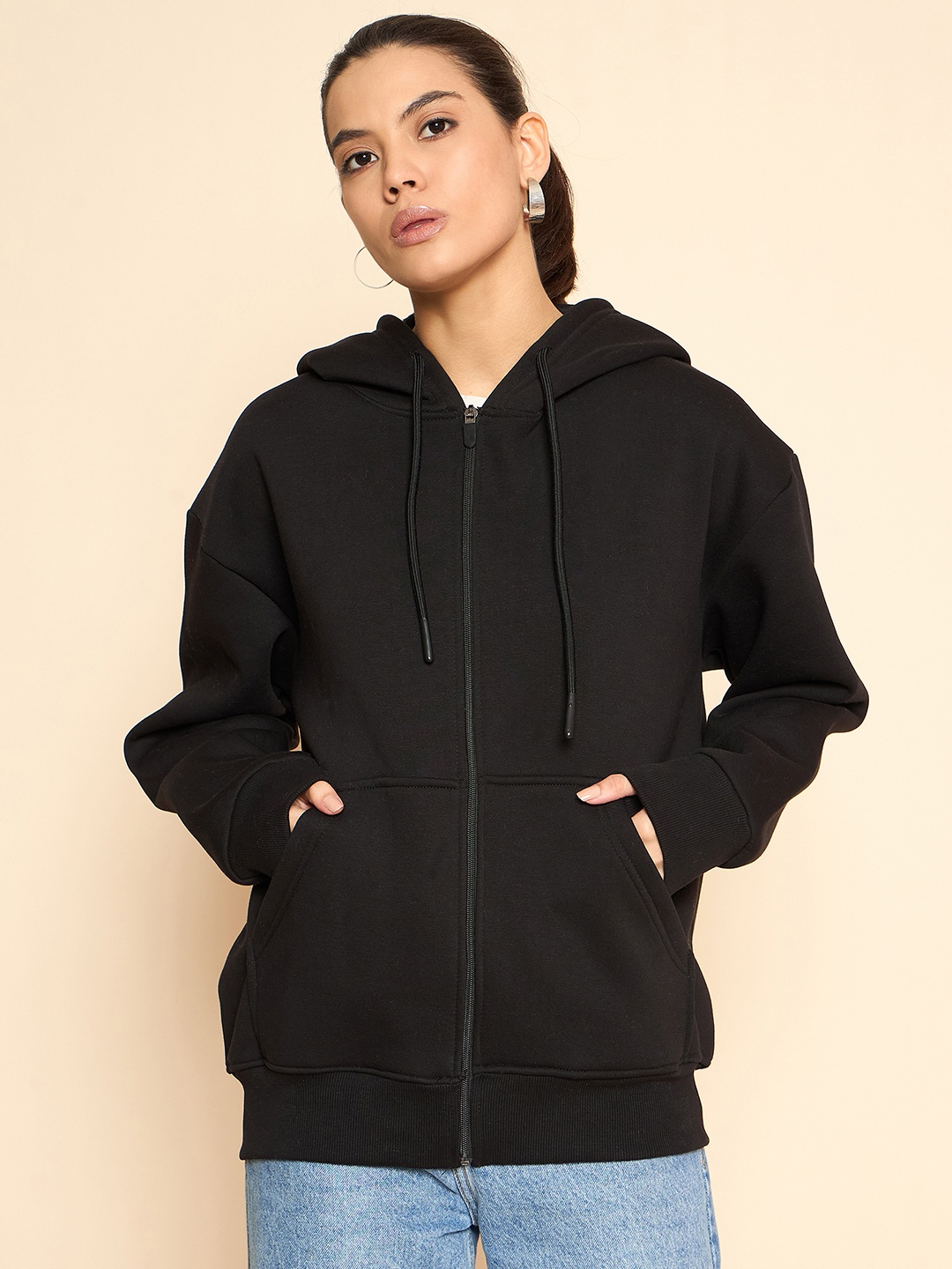 

COLOR CAPITAL Pack Of 2 Women Solid Front-Open Cotton Sweatshirts, Black