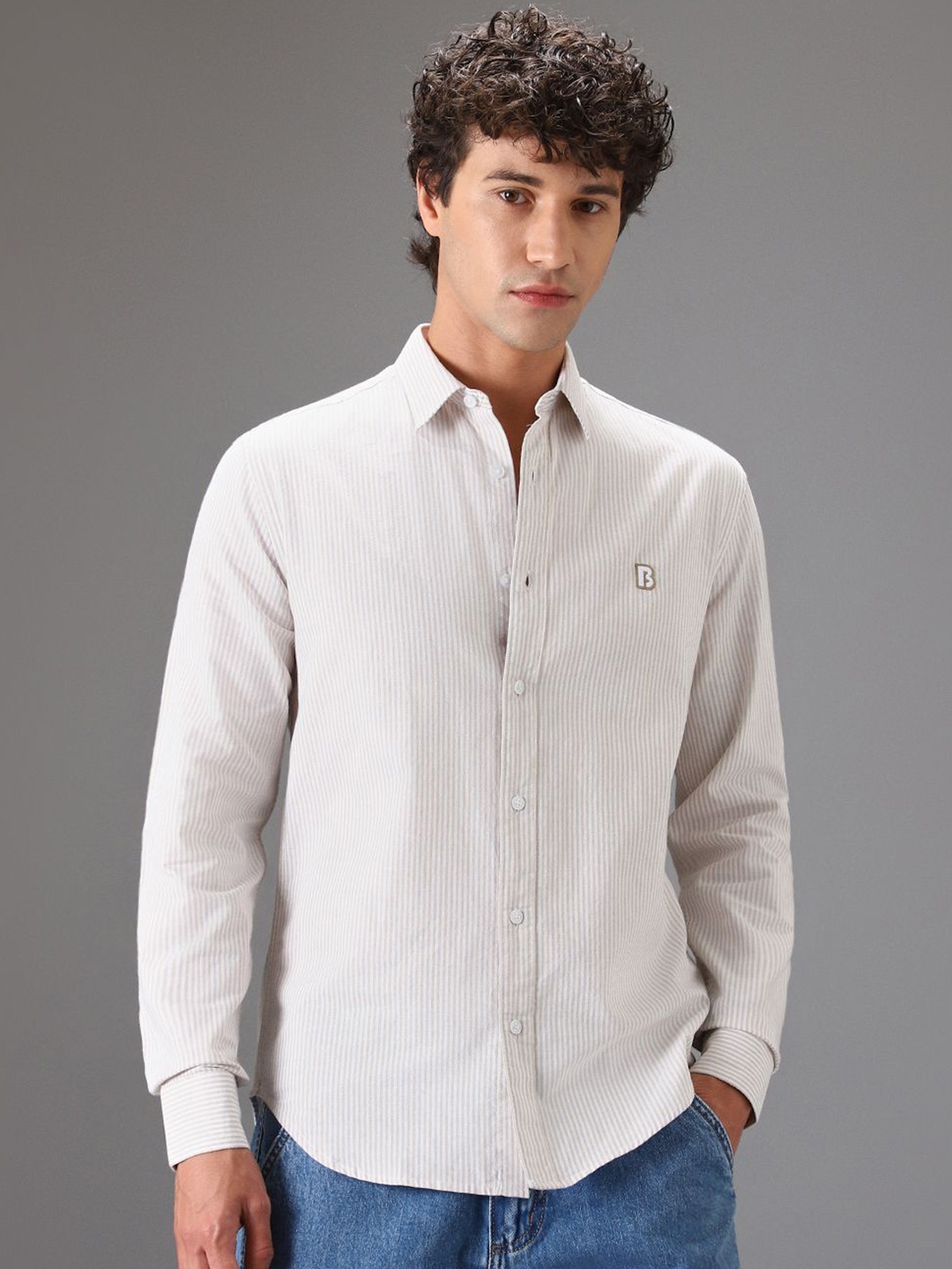 

Banana Club Men Classic Slim Fit Pinstripes Opaque Striped Casual Shirt, Beige