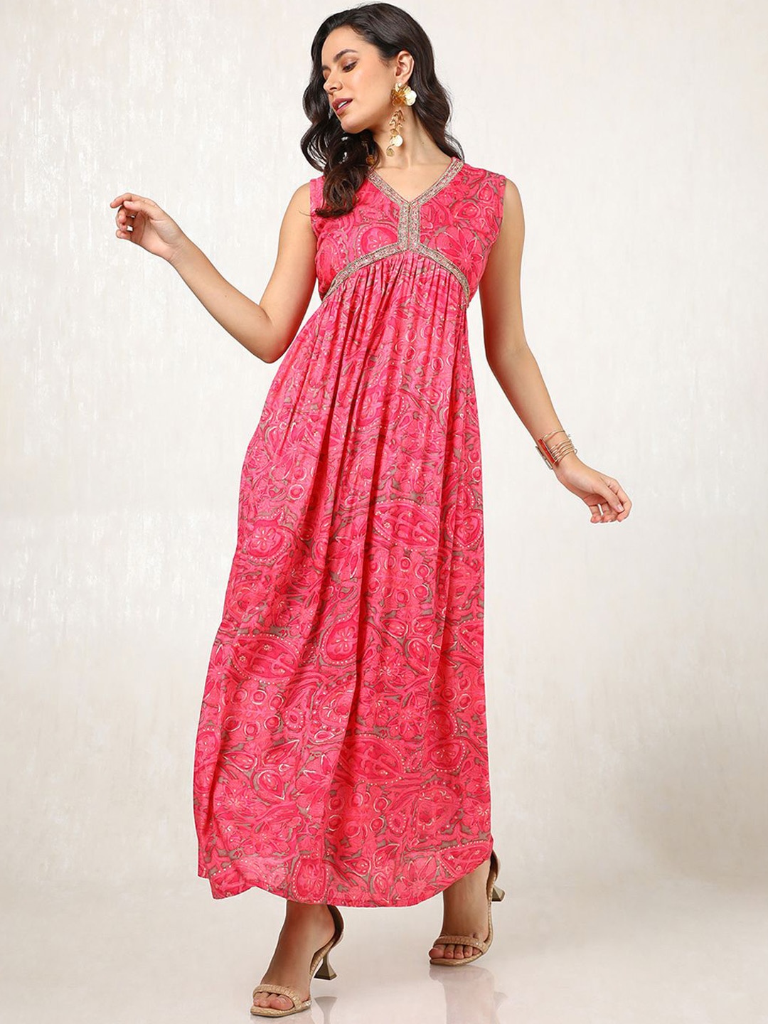 

Soch Women Printed Fit & Flared Maxi Ethnic Dresses, Pink