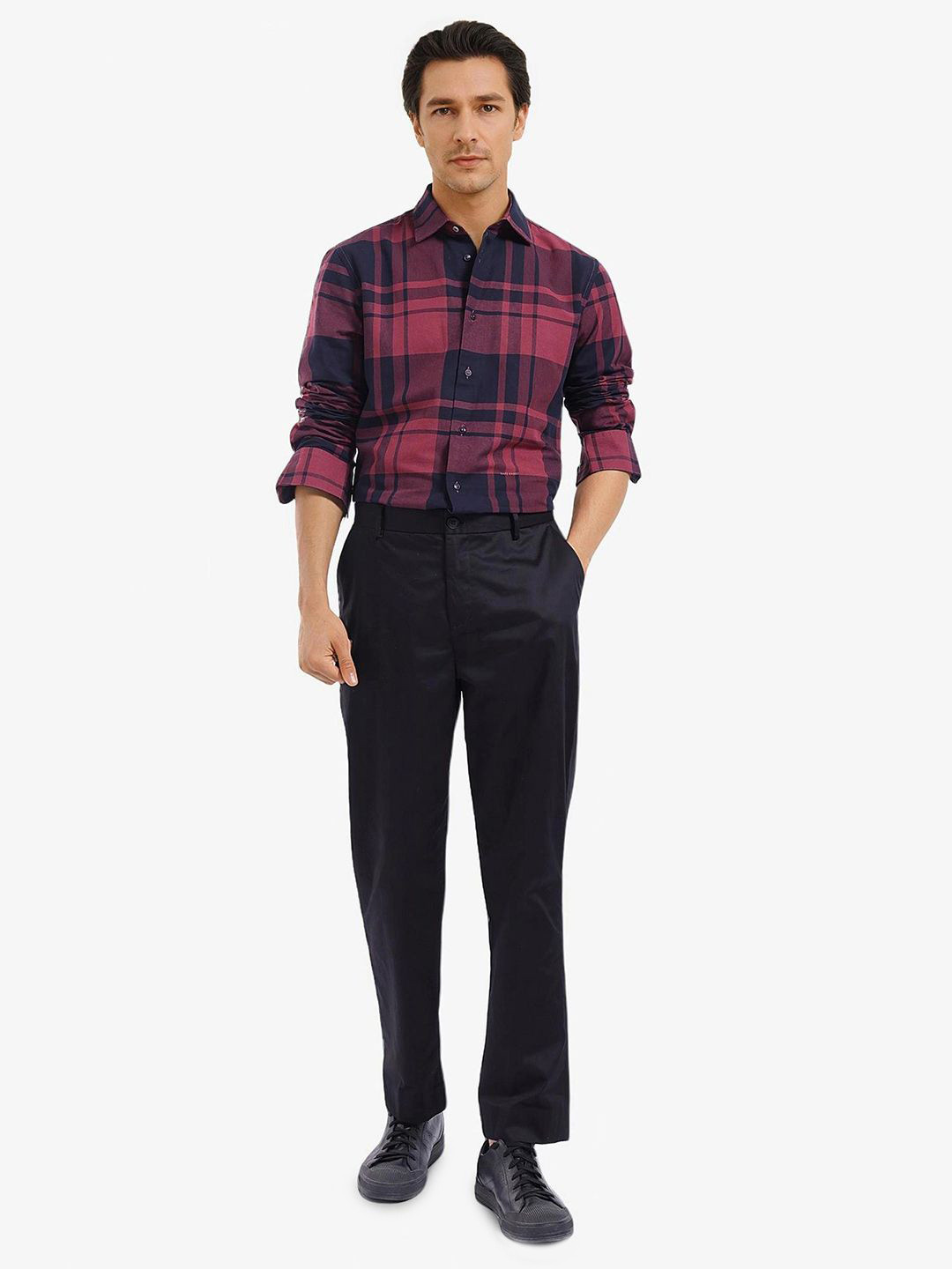 

RARE RABBIT Men Comfort Spread Collar Tartan Checked Cotton Casual Shirt, Maroon