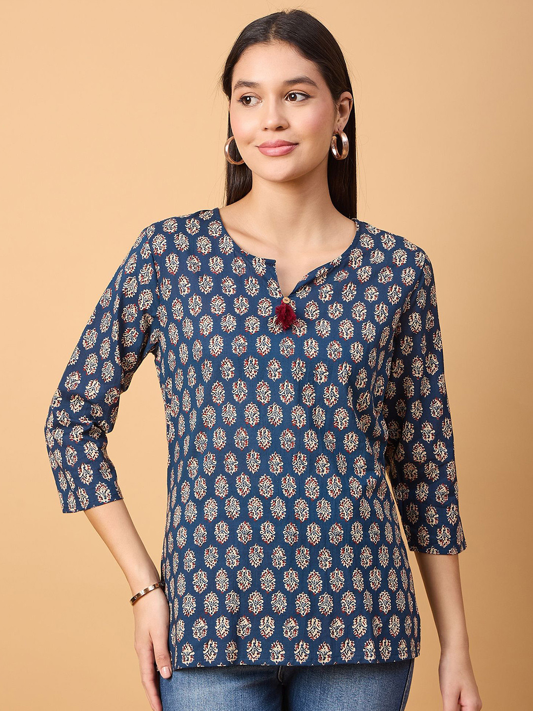 

NEESH Women Ethnic Motifs Printed Tie-Up Neck Top, Navy blue