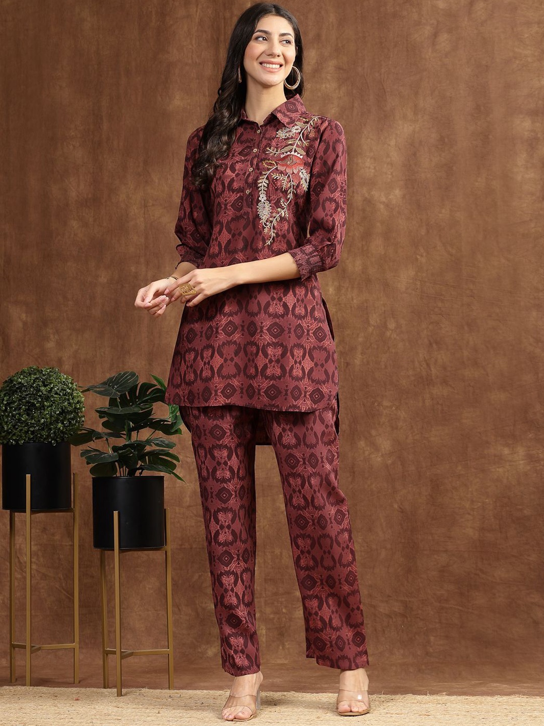 

Nayam By Lakshita Printed Shirt Collar Tunic & Trousers, Burgundy