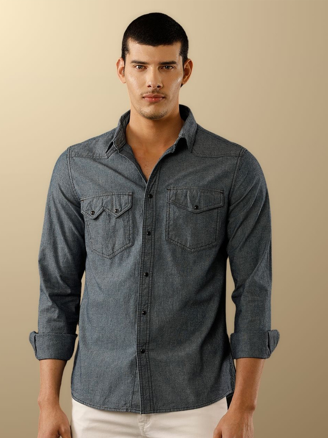 

TEMPLE OF DENIM Men India Slim Cutaway Collar Solid Denim Casual Shirt, Grey
