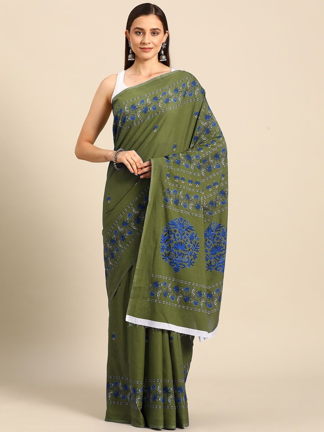 

BUTA BUTI Floral Pure Cotton Saree, Green