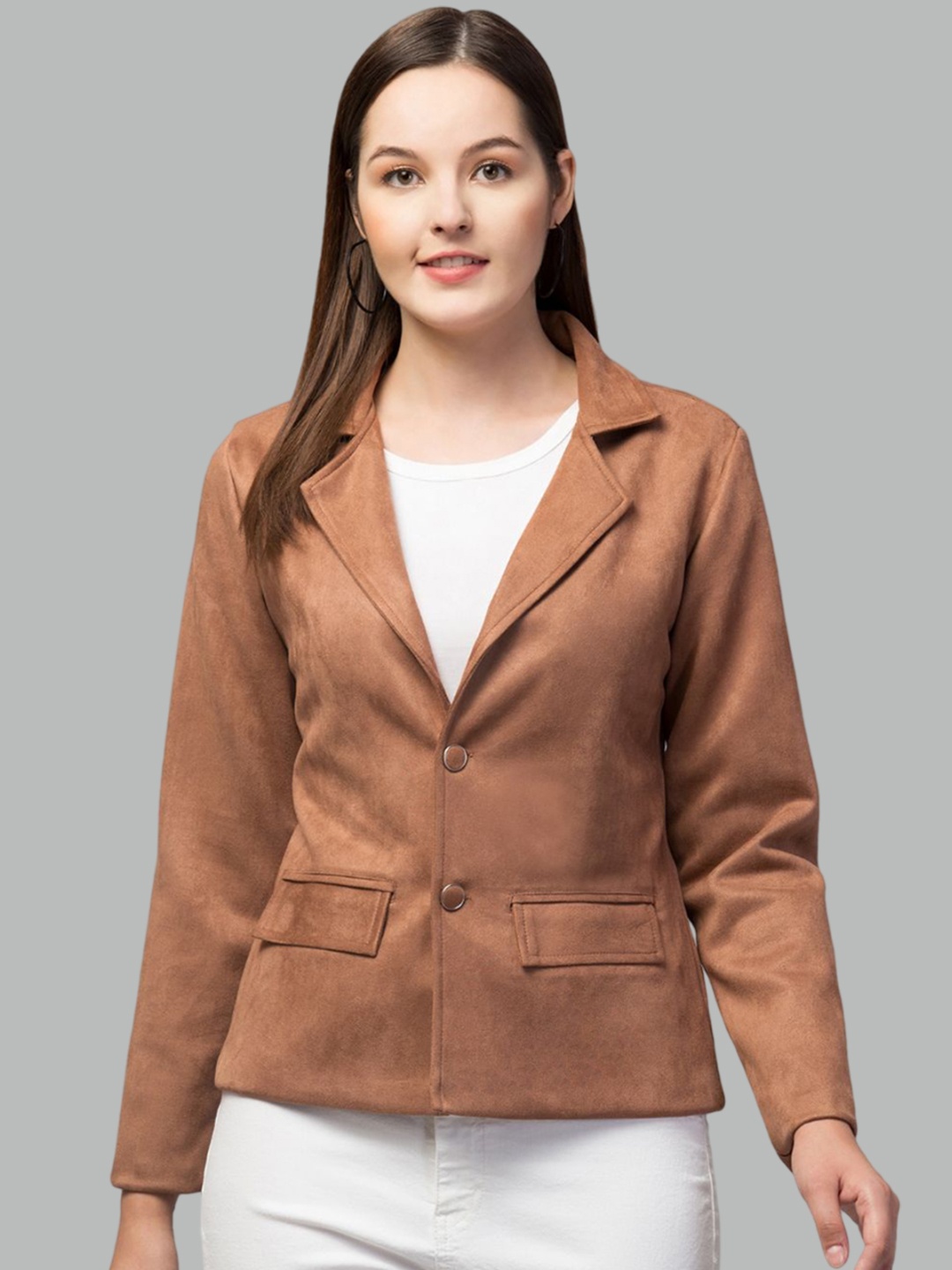 

GalaxyTrendz Notched Lapel Collar Single-Breasted Velvet Comfort-Fit Casual Blazer, Tan