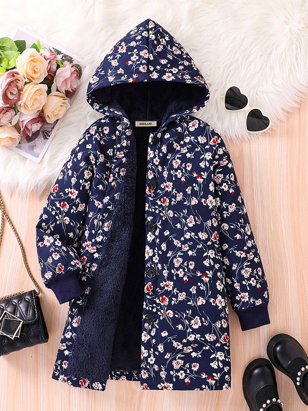 

INCLUD Girls Floral Printed Longline Open Front Jacket, Navy blue