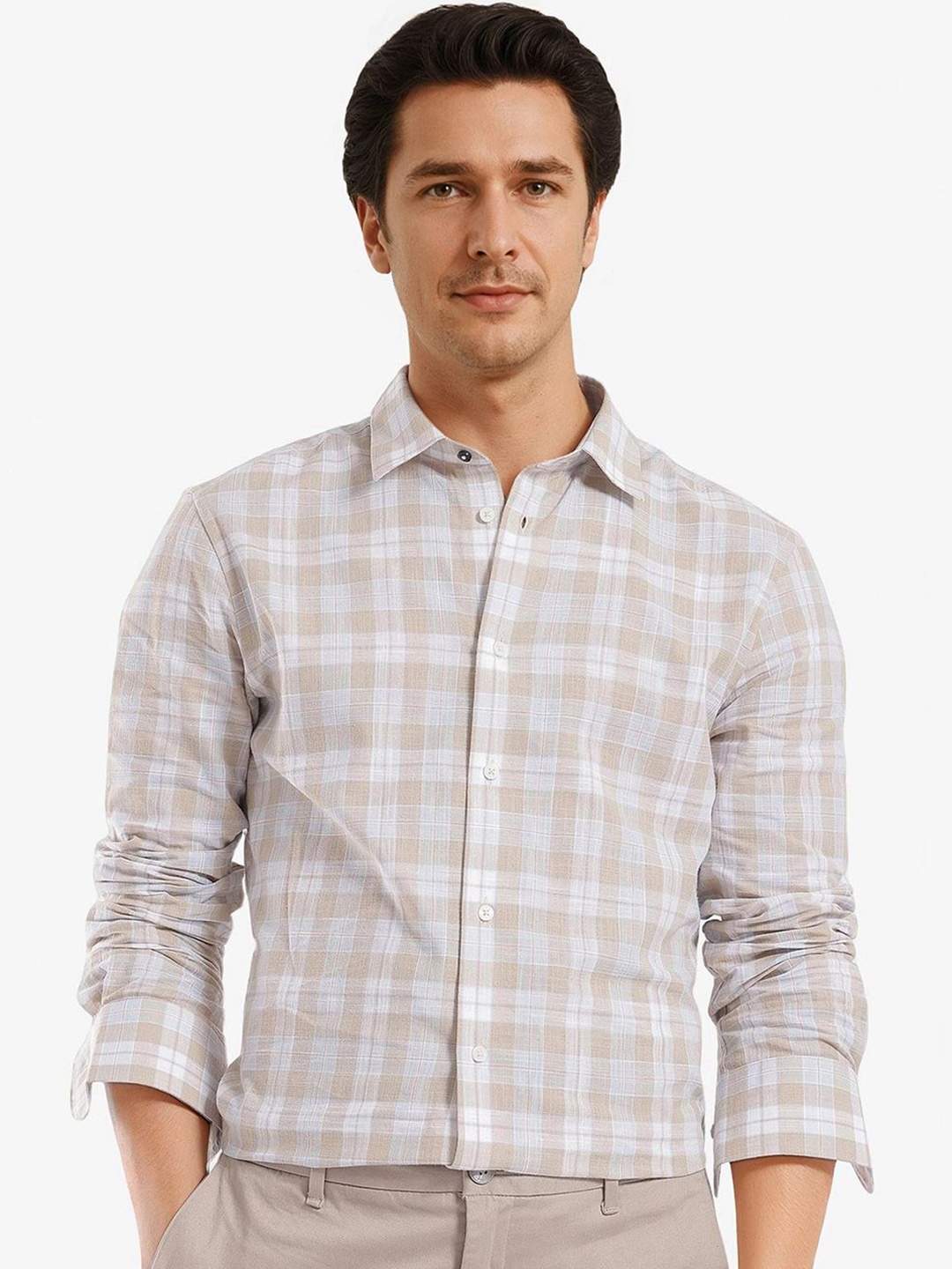 

RARE RABBIT Men Comfort Spread Collar Checked Cotton Casual Shirt, Beige