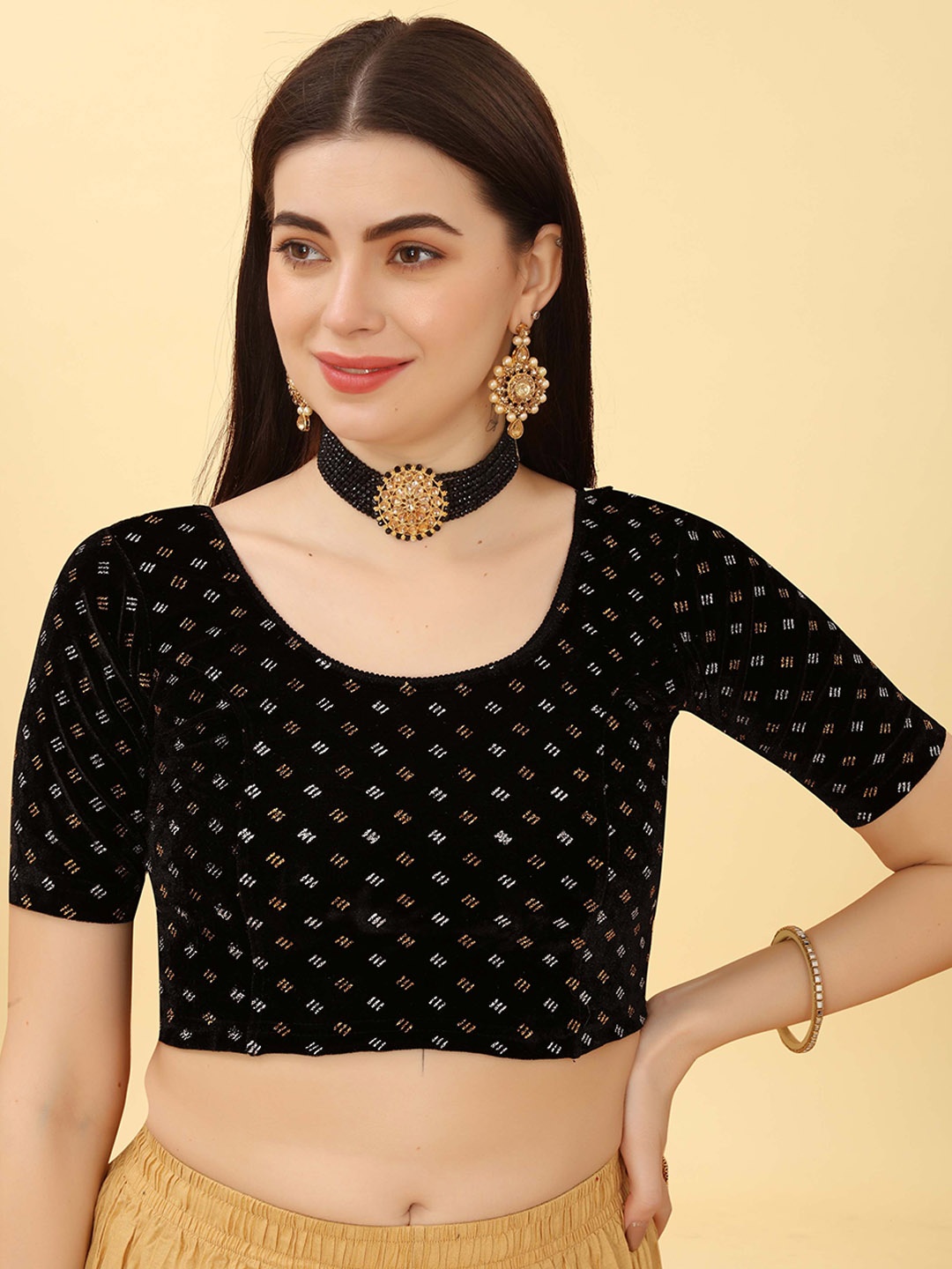 

Krimmple Printed Saree Blouse, Black