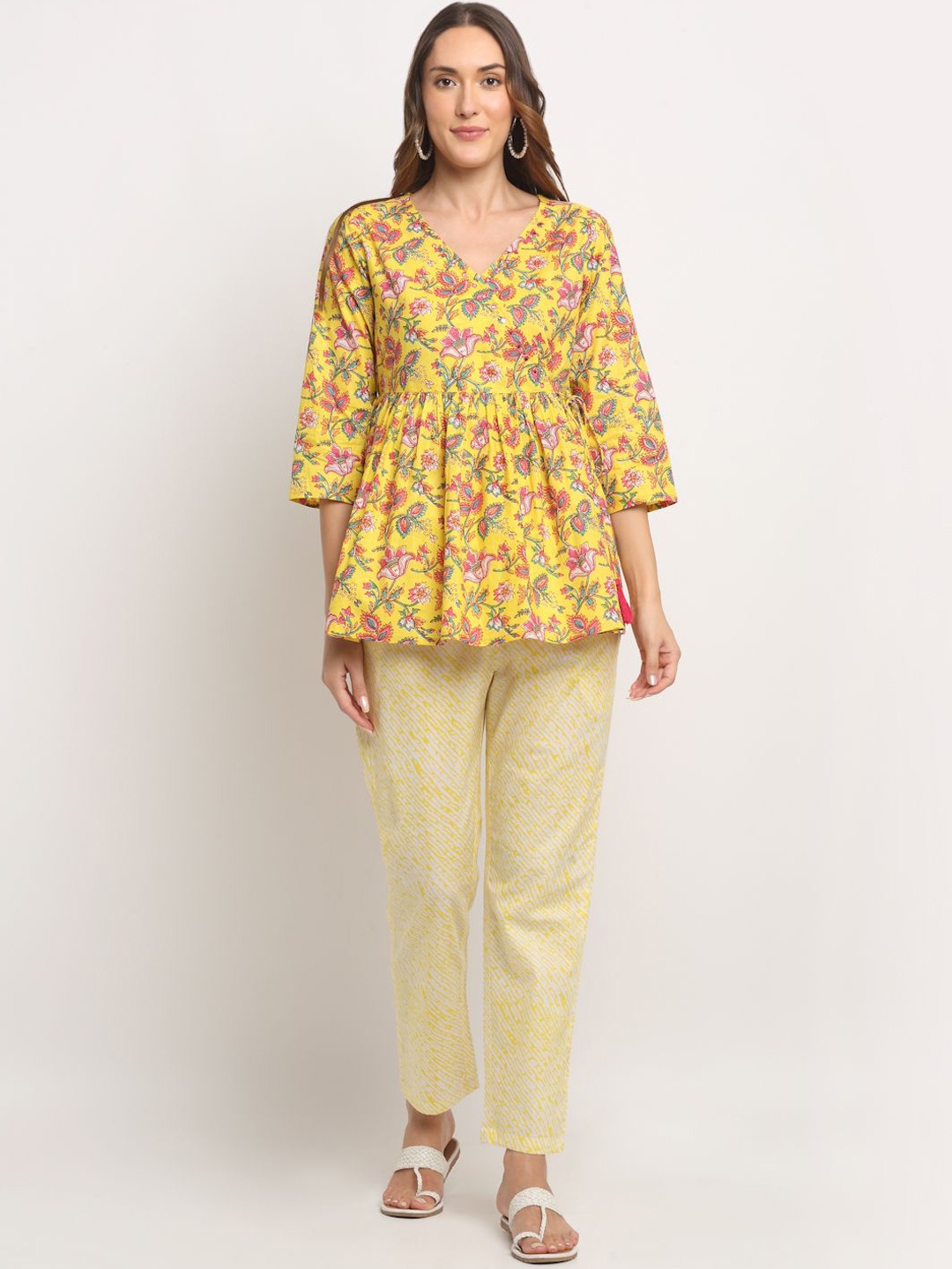 

KALINI Cotton Printed V-Neck Tunic & Trouser, Yellow