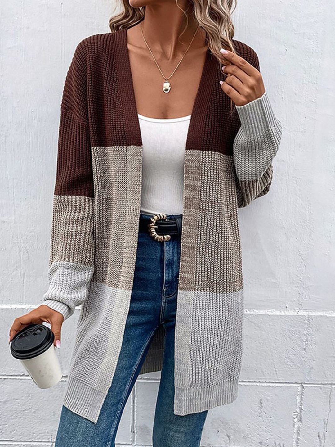 

StyleCast x Revolte Brown & Grey Colourblocked Longline Shrug