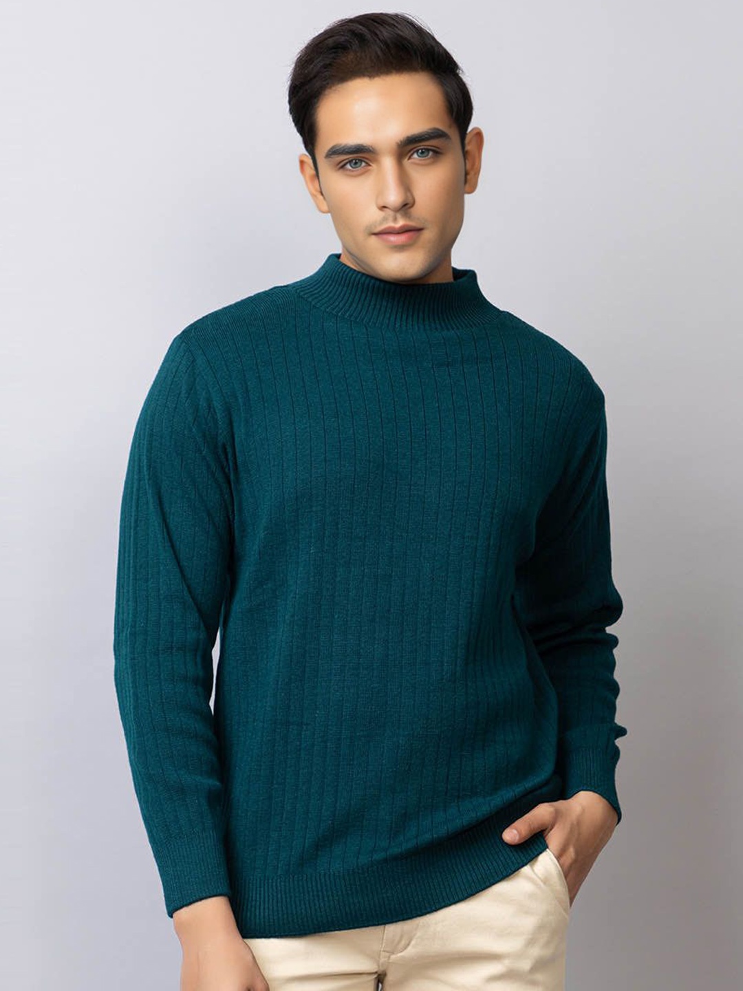 

TYSORT Men Striped Woollen Turtle Neck Pullover Sweater, Teal