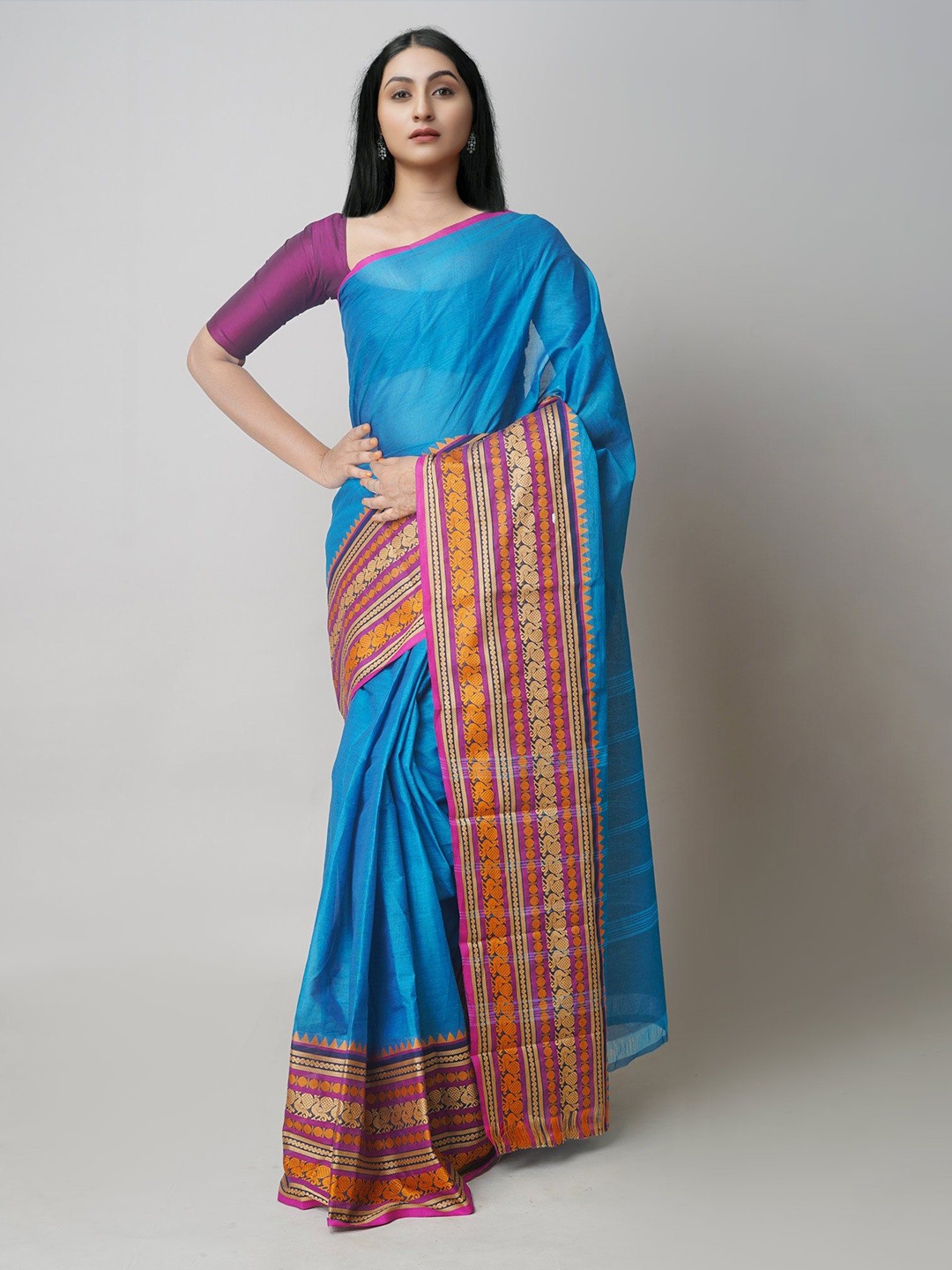 

Unnati Silks Pure Cotton Handloom Chettinad Saree, Blue