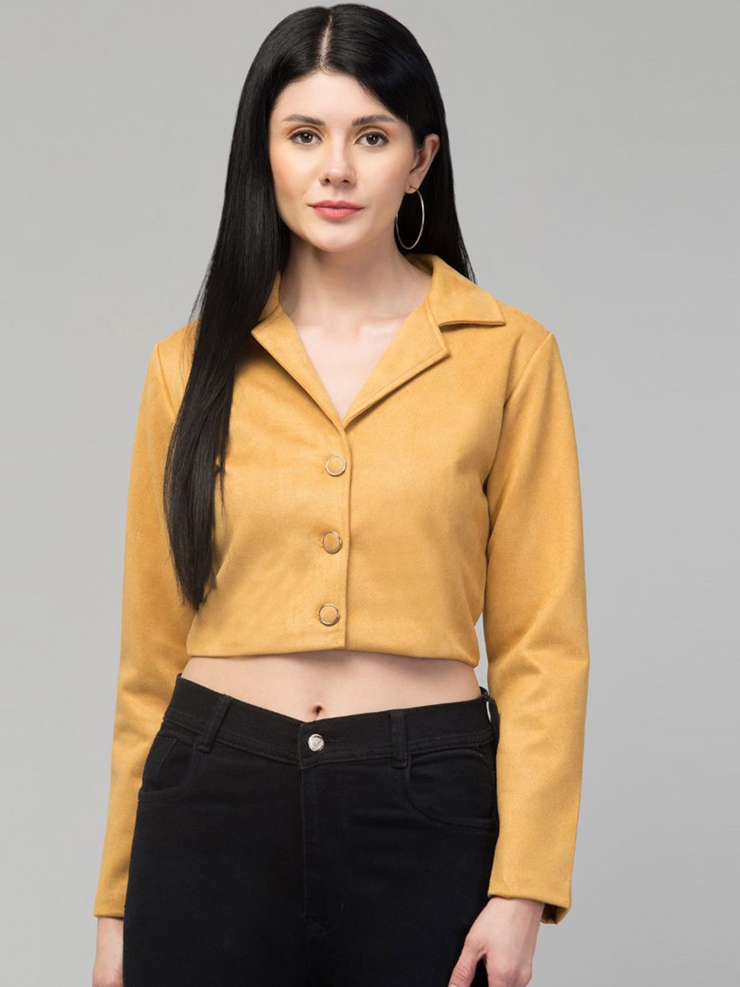 

GalaxyTrendz Notched Lapel Collar Single Breasted Velvet Comfort-Fit Cropped Casual Blazer, Mustard